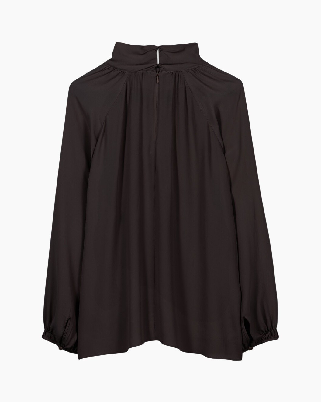 blouse, long sleeve, high neck, pelumette style, dark brown