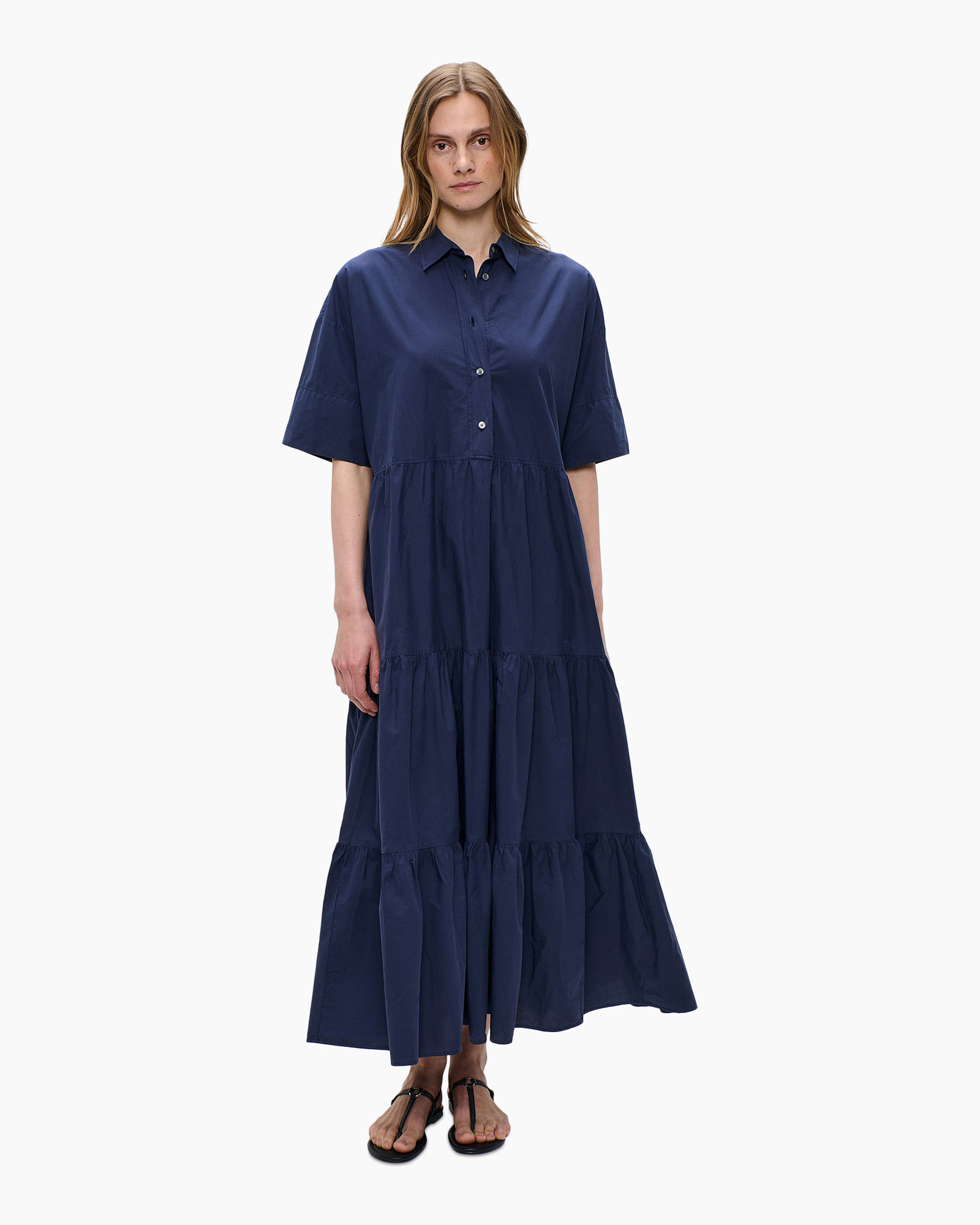 maxi dress, tiered dress, short sleeves, button front, navy blue