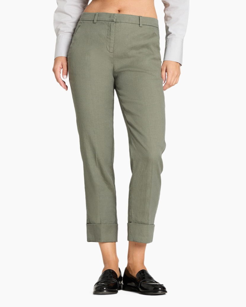 pants, olive, slim, ankle-length, rolled-cuff