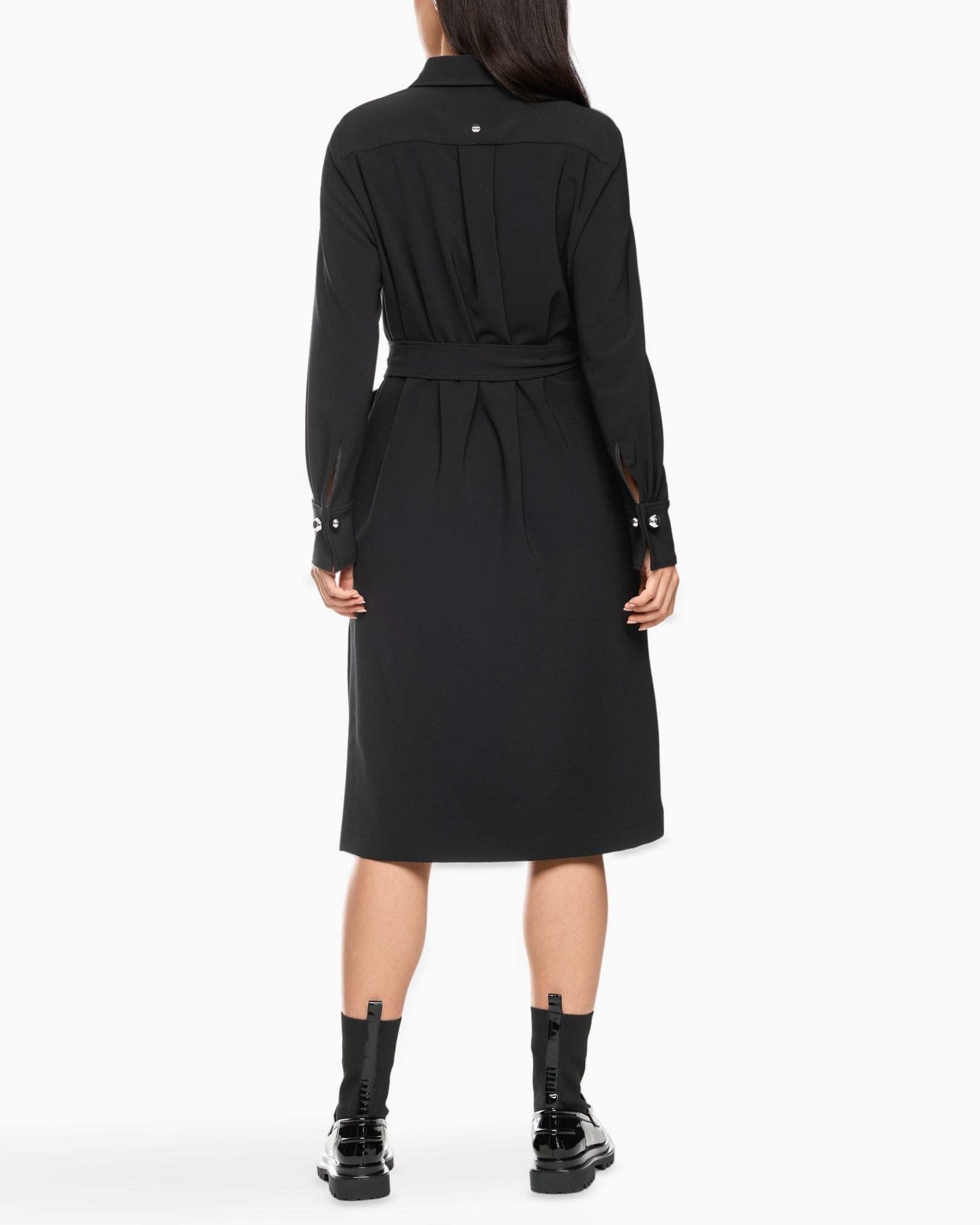black dress, long sleeves, belted, knee-length, back view