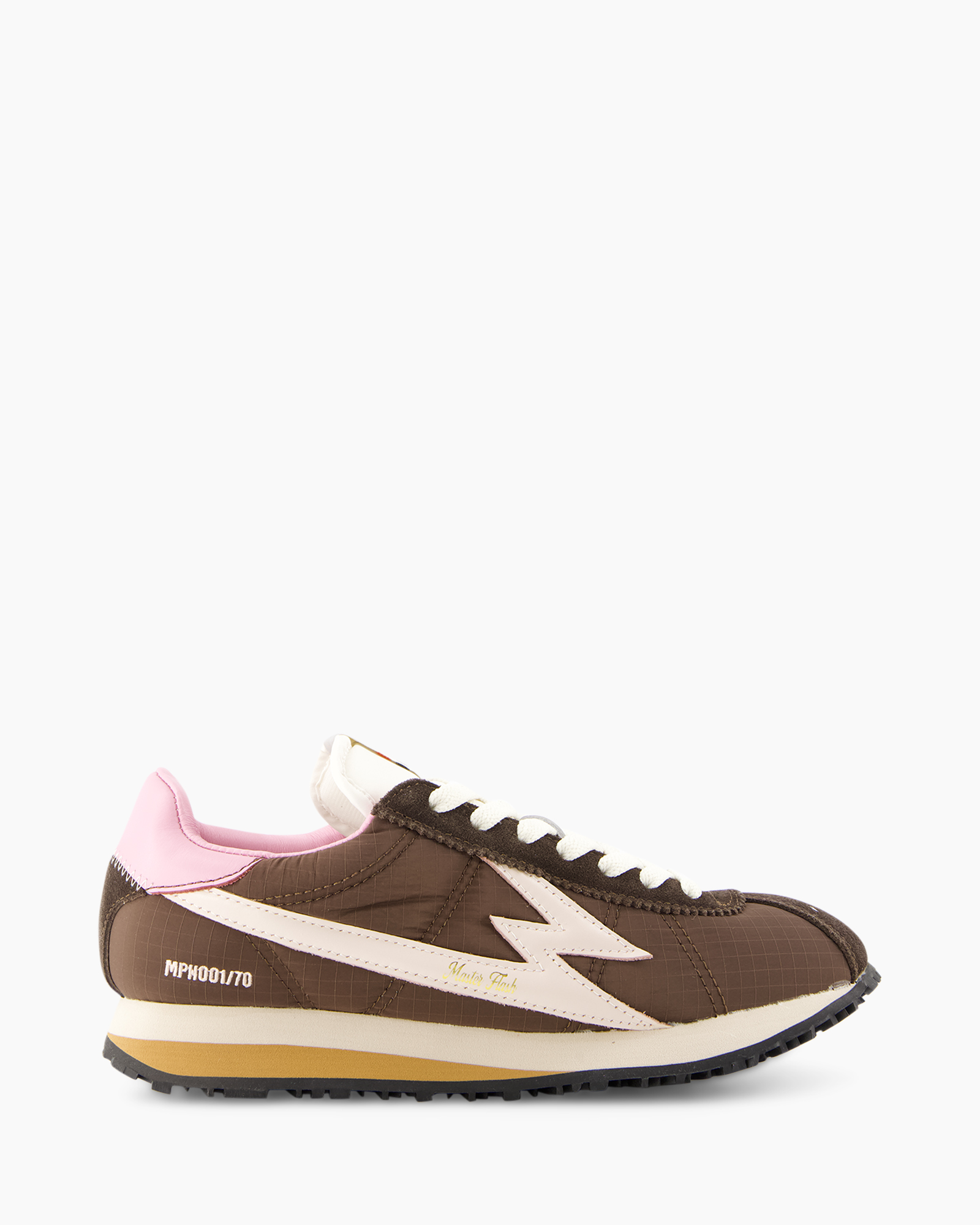 sneaker, brown, pink, laces, racing stripe