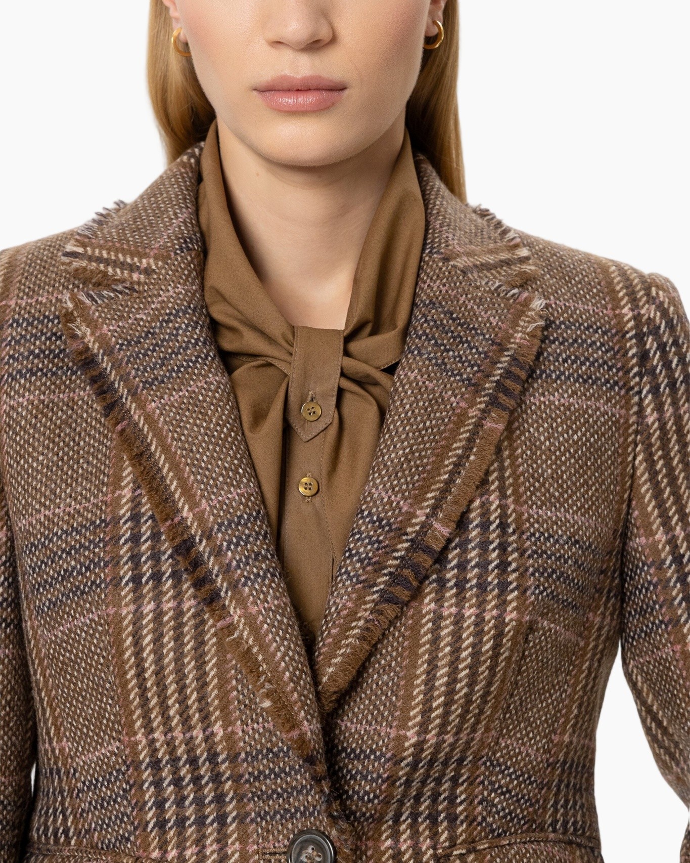 blazer, plaid, brown, scarf-bow, tweed