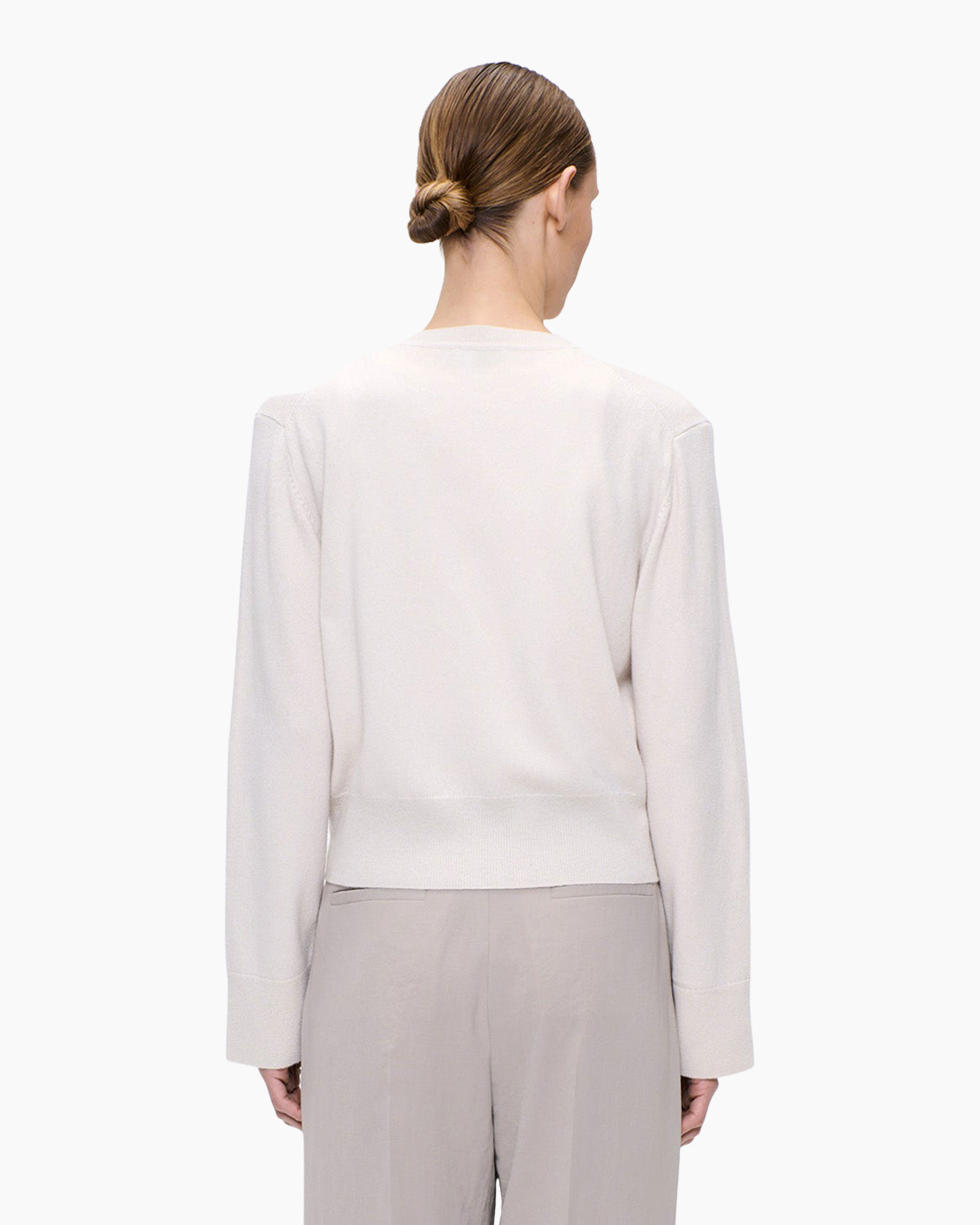 long-sleeve top, light knit, crew neck, beige, back view