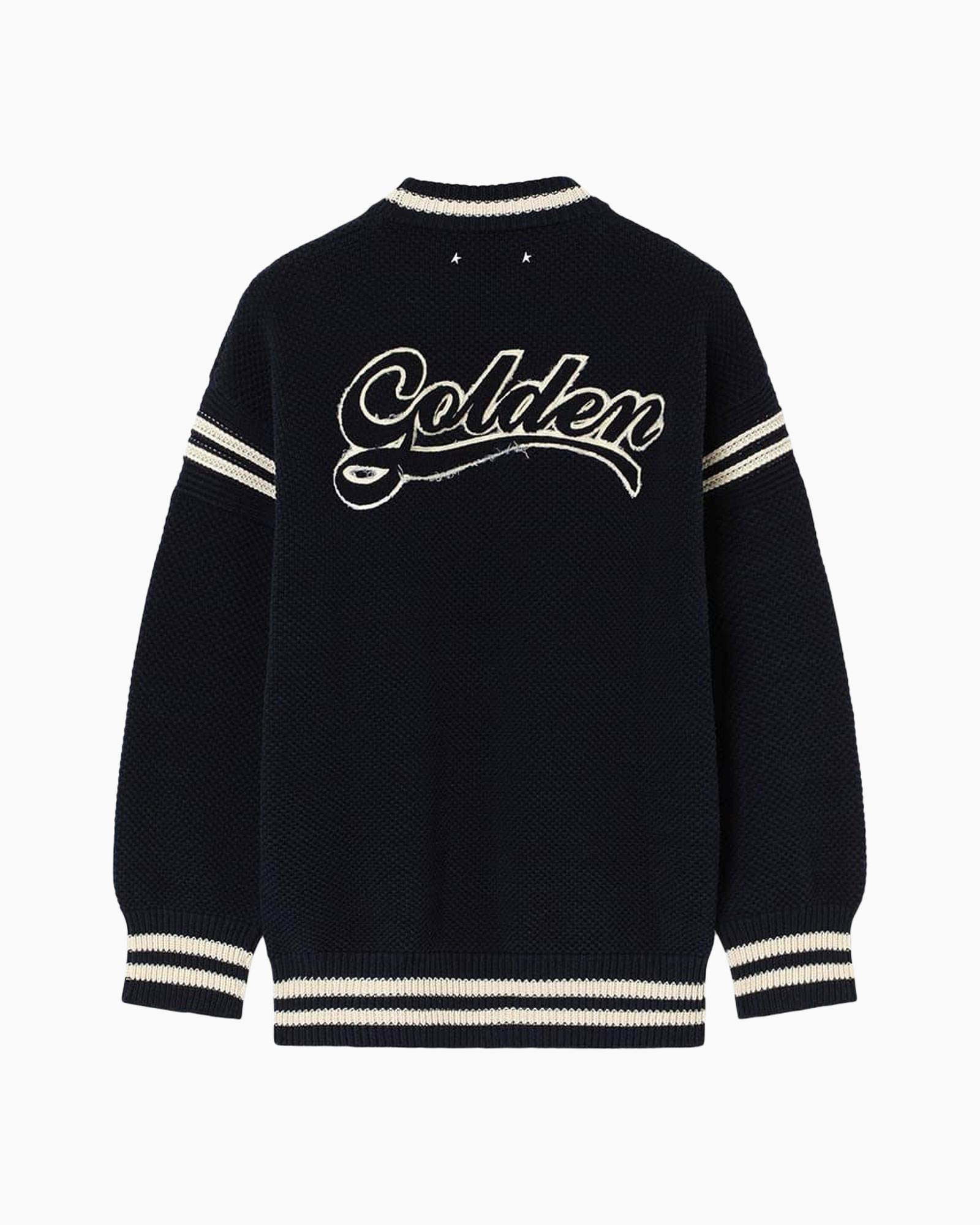 sweater, knit, navy, logo, striped