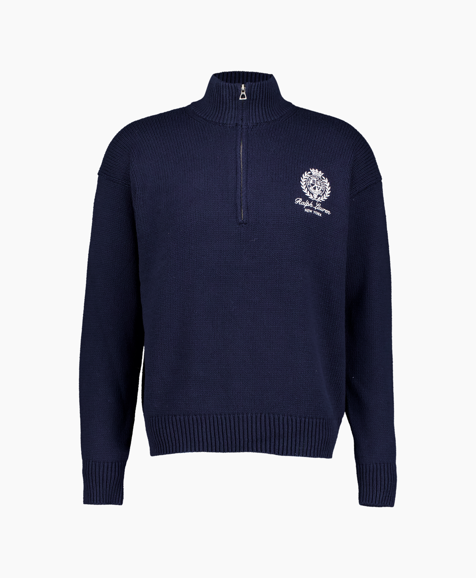 pullover, crewneck, half-zip, knit, logo-embossed