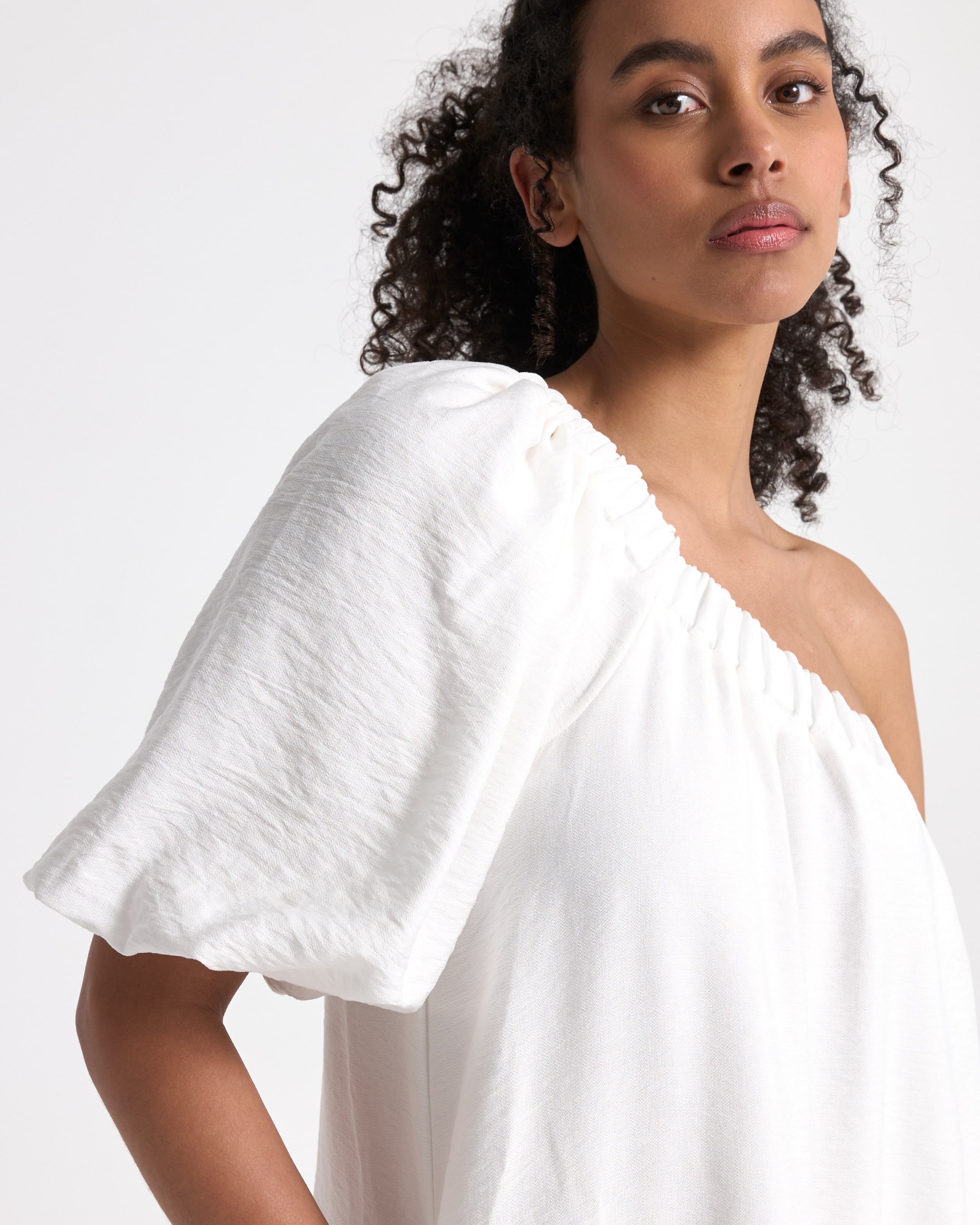 white, one-shoulder, linen, short-sleeve, blouse