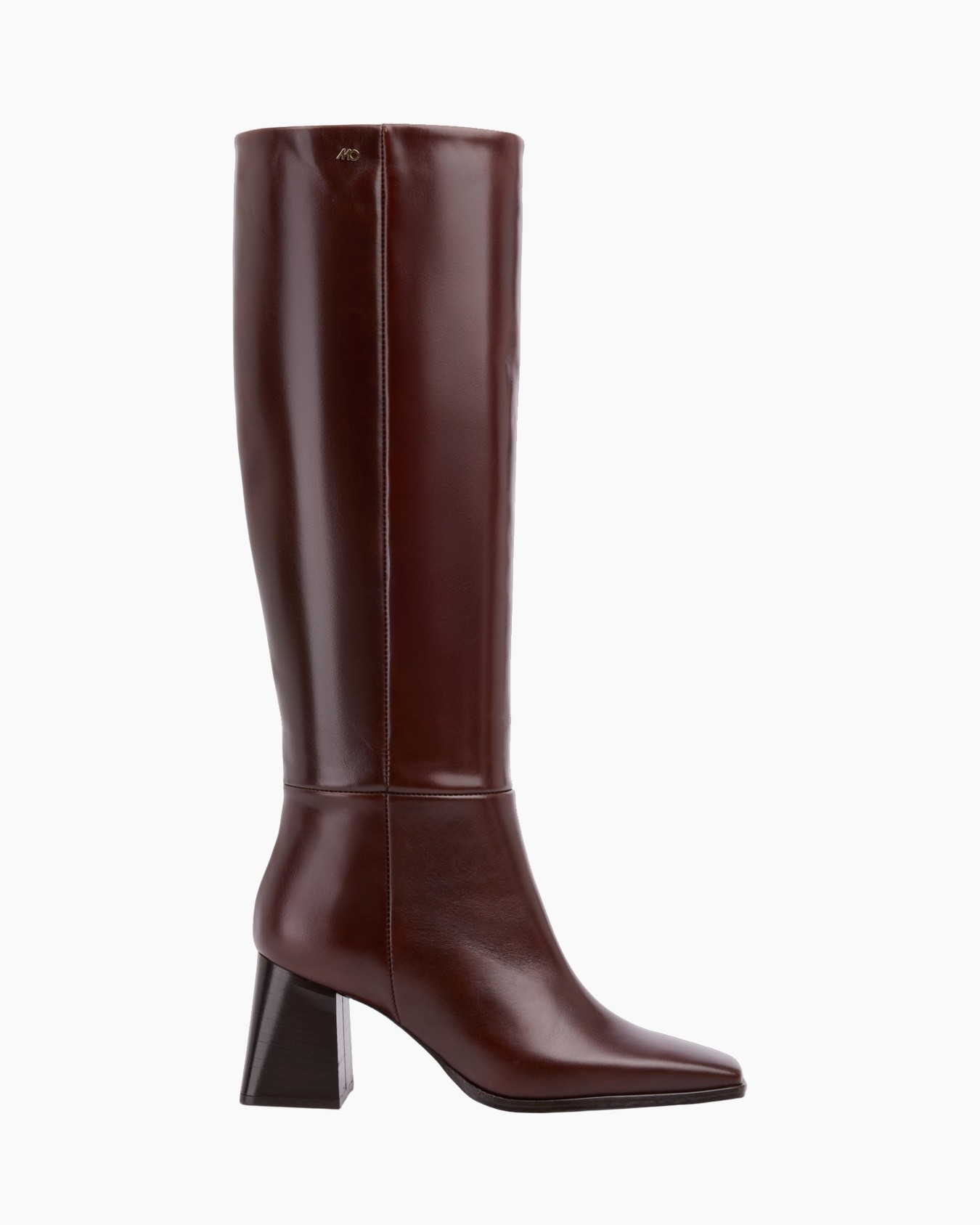 knee-high boot, boots, brown leather, block heel, mid-calf