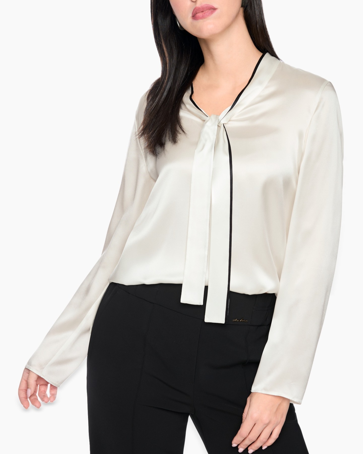 blouse, silk, tie-neck, long-sleeve, cream