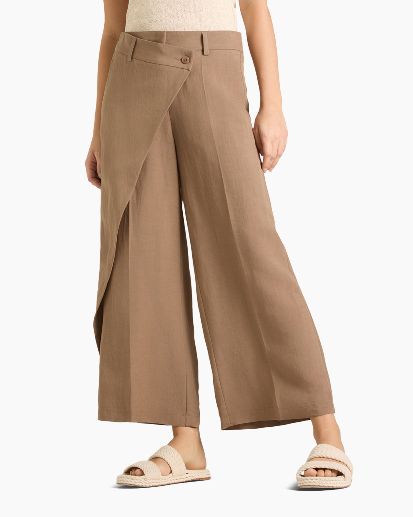 wide-leg pants, wrap front, beige brown, linen look, slip-on sandals