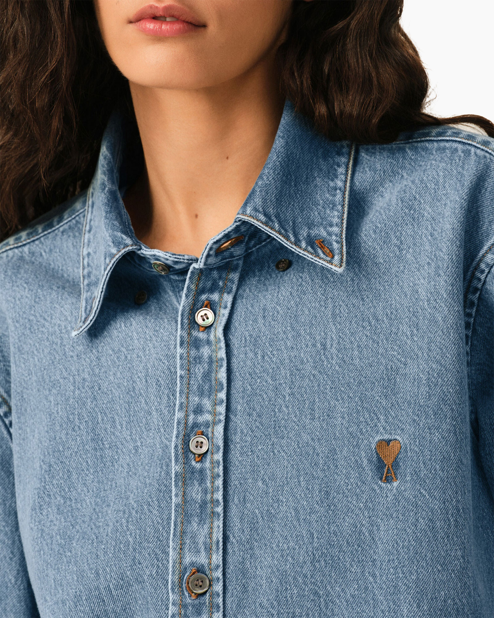 denim shirt, denim, button-down, collar, logo emblem
