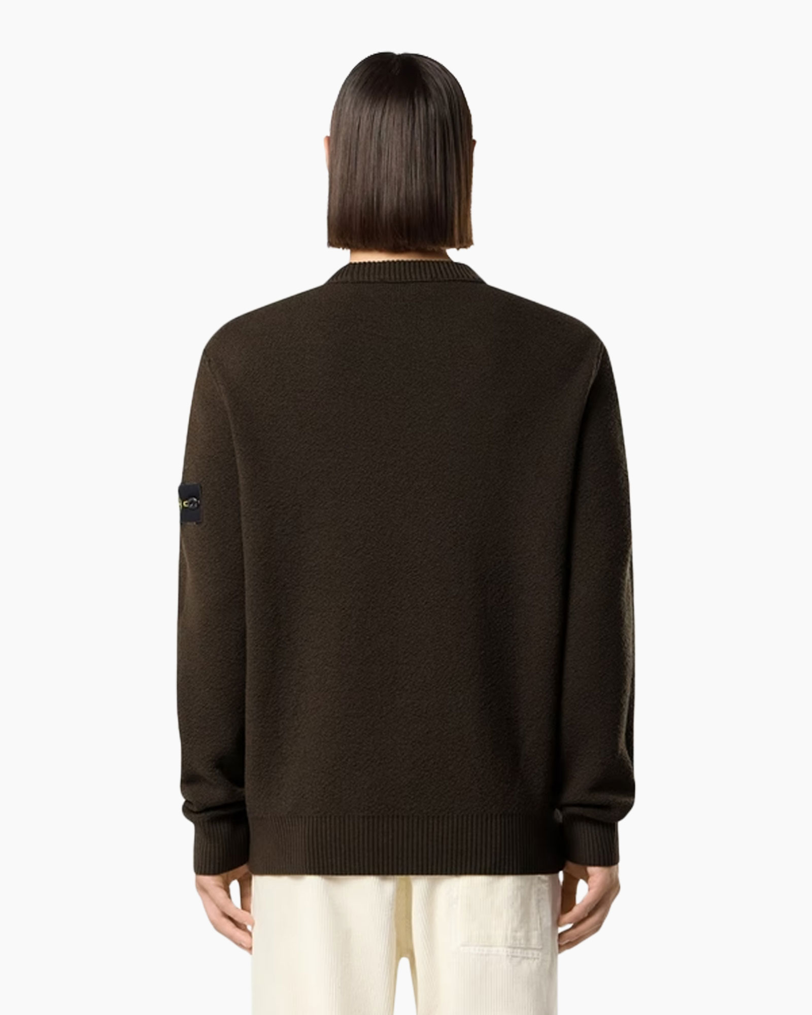 sweater, crewneck, brown, knit, long_sleeve