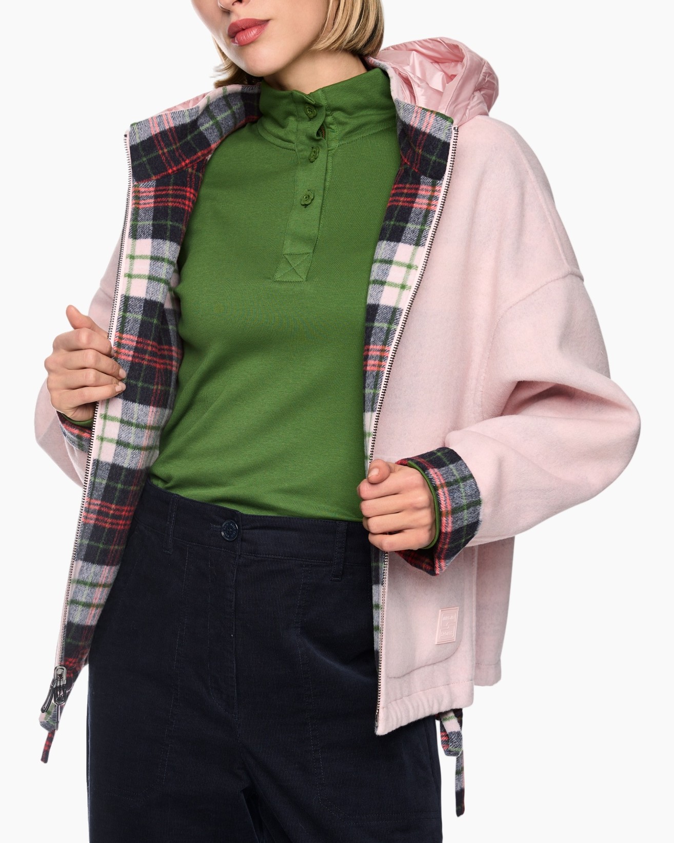 hoodie, jacket, plaid, green polo, pink outerlayer
