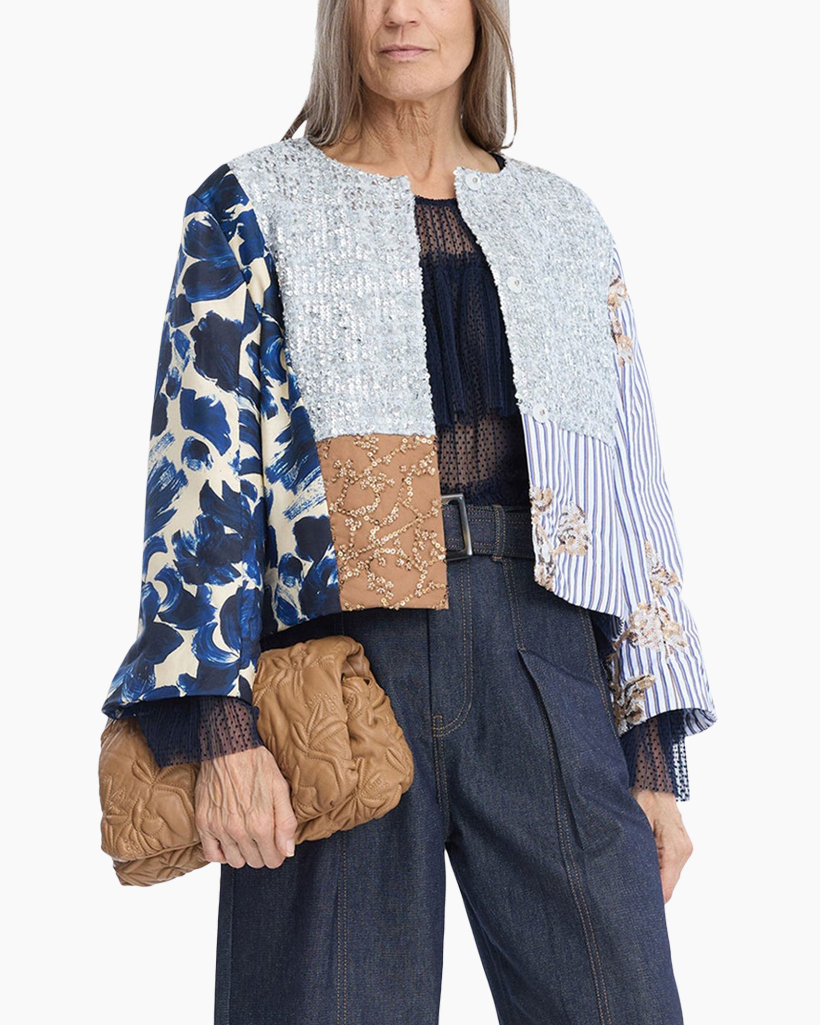 patchwork, jacket, sequins, pocketed, blue