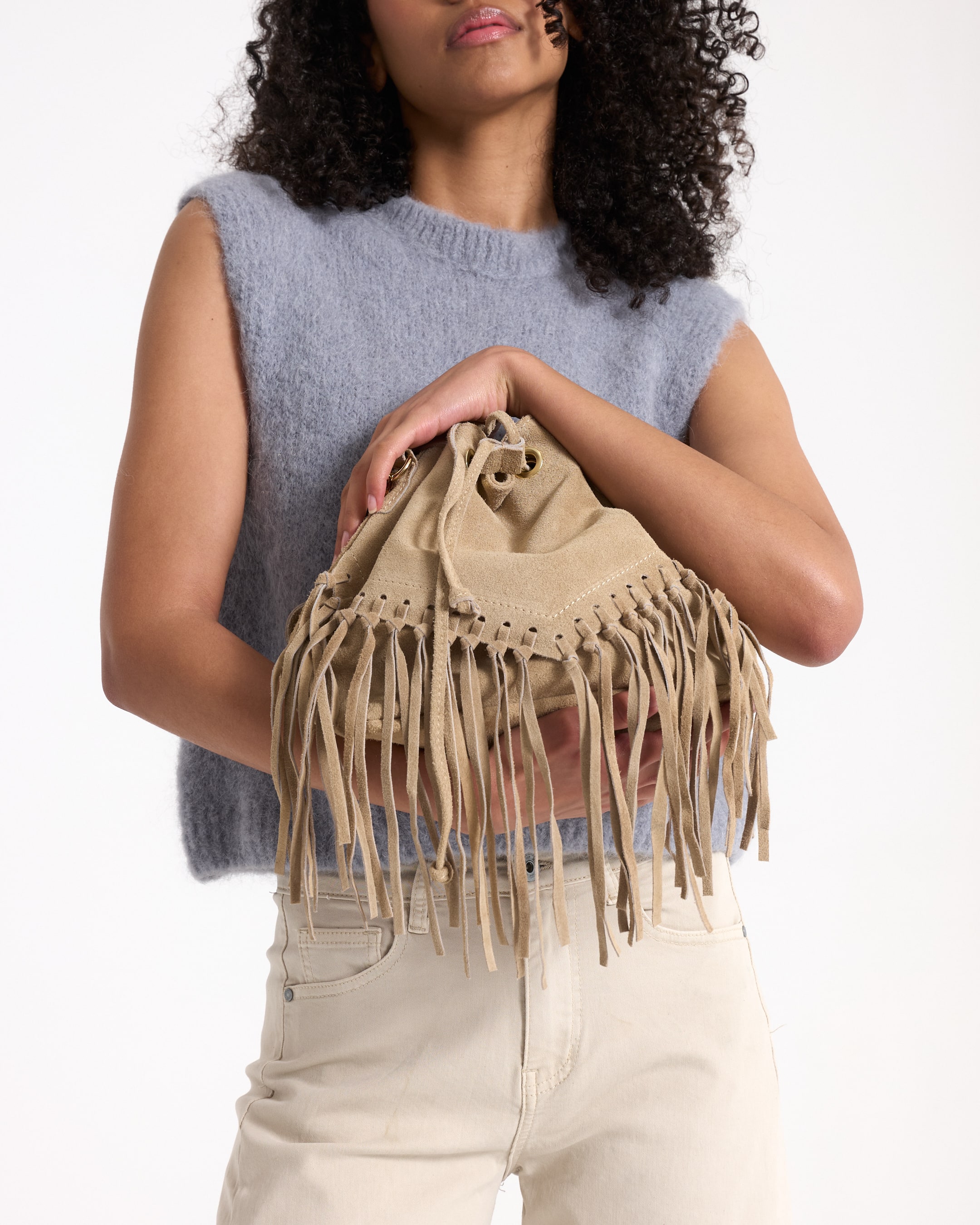 fringe, fringe bag, beige bag, drawstring bag, soft suede