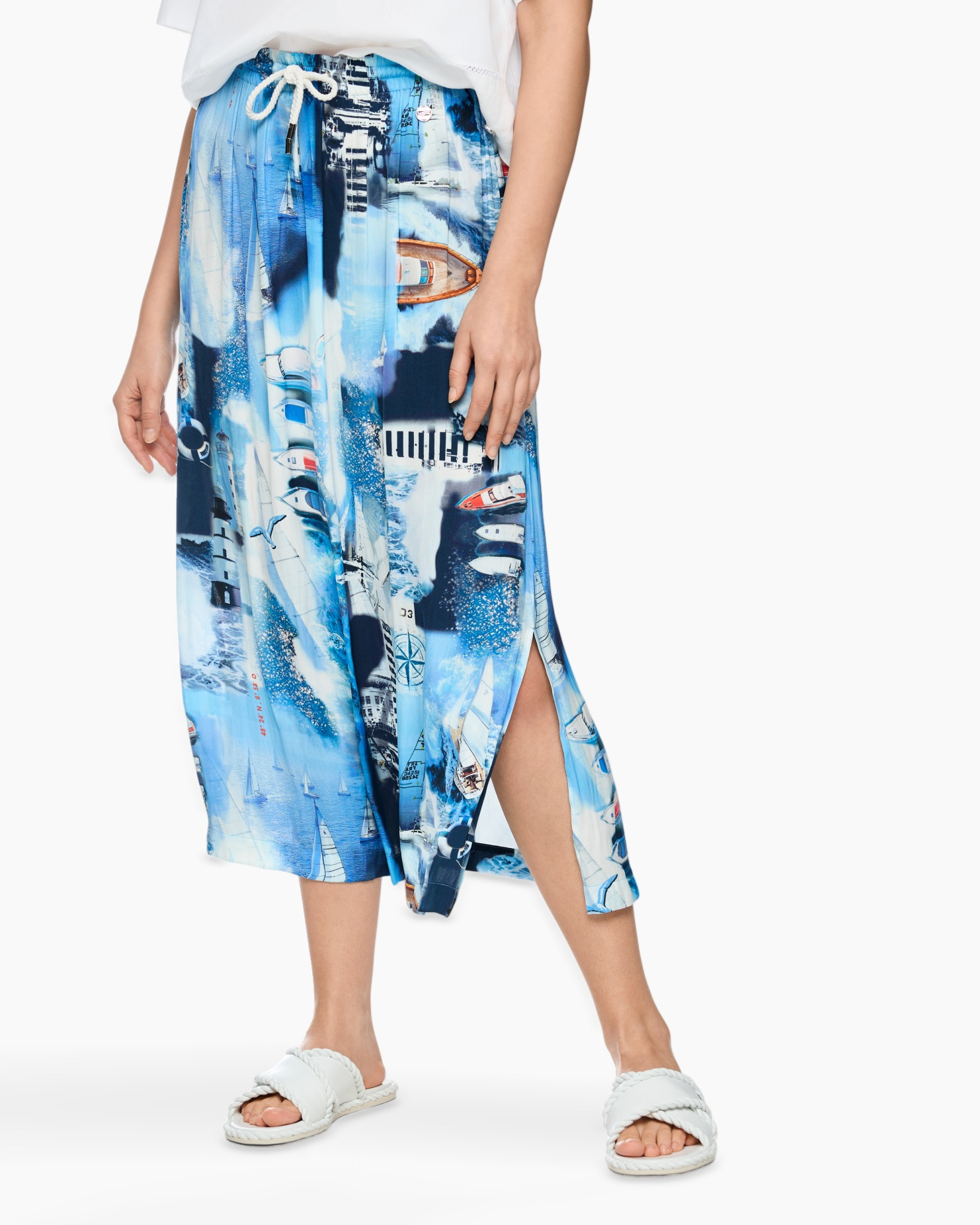 skirt, maxi, blue, print, slit