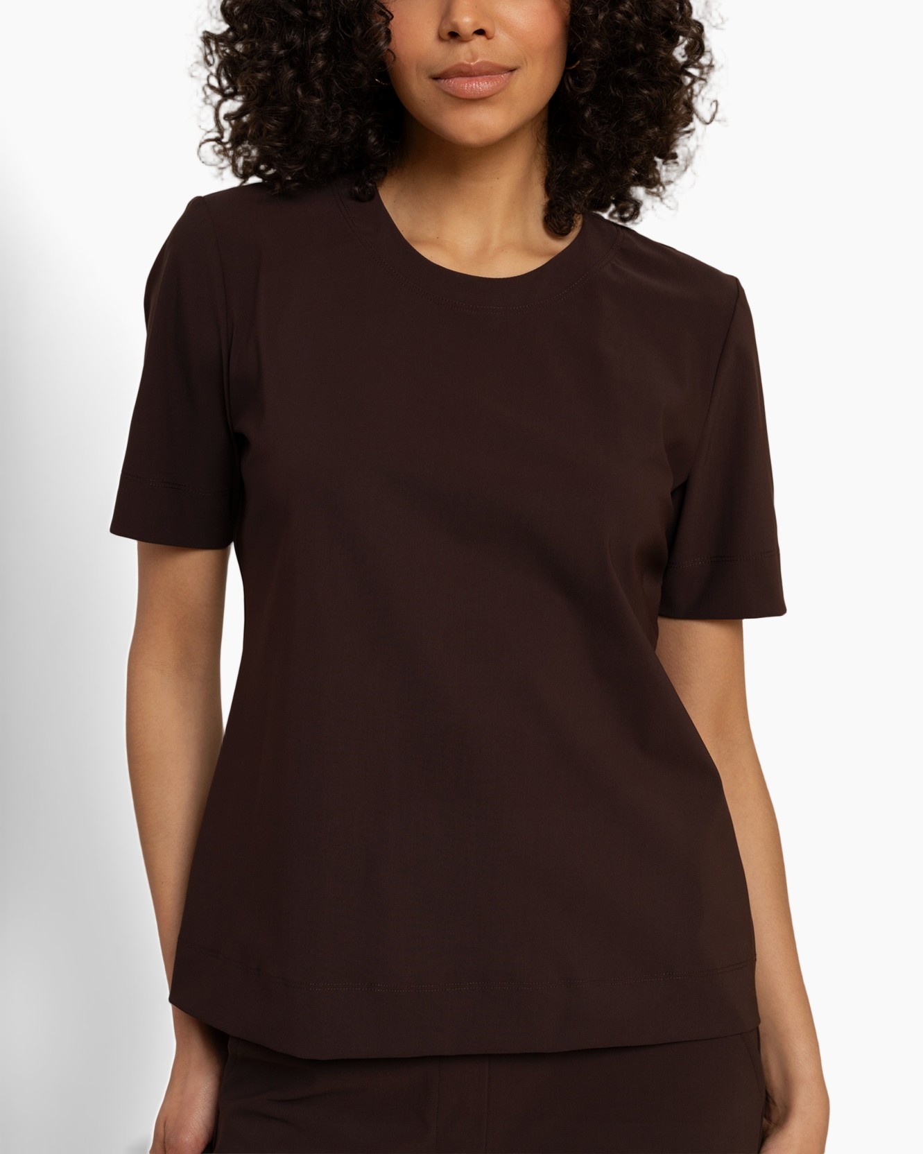 top, short sleeve, brown, solid, crew neck
