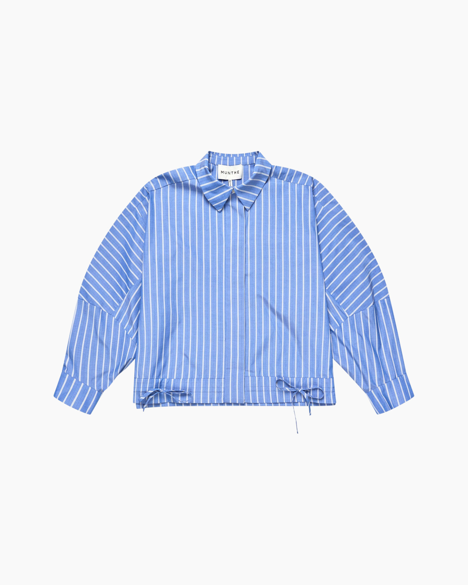 striped, blue, blouse, collared, drawstring