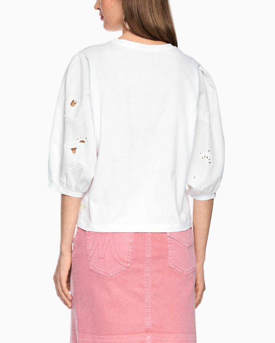 white top, puff sleeve, embroidery cutouts, pink skirt, short sleeve top