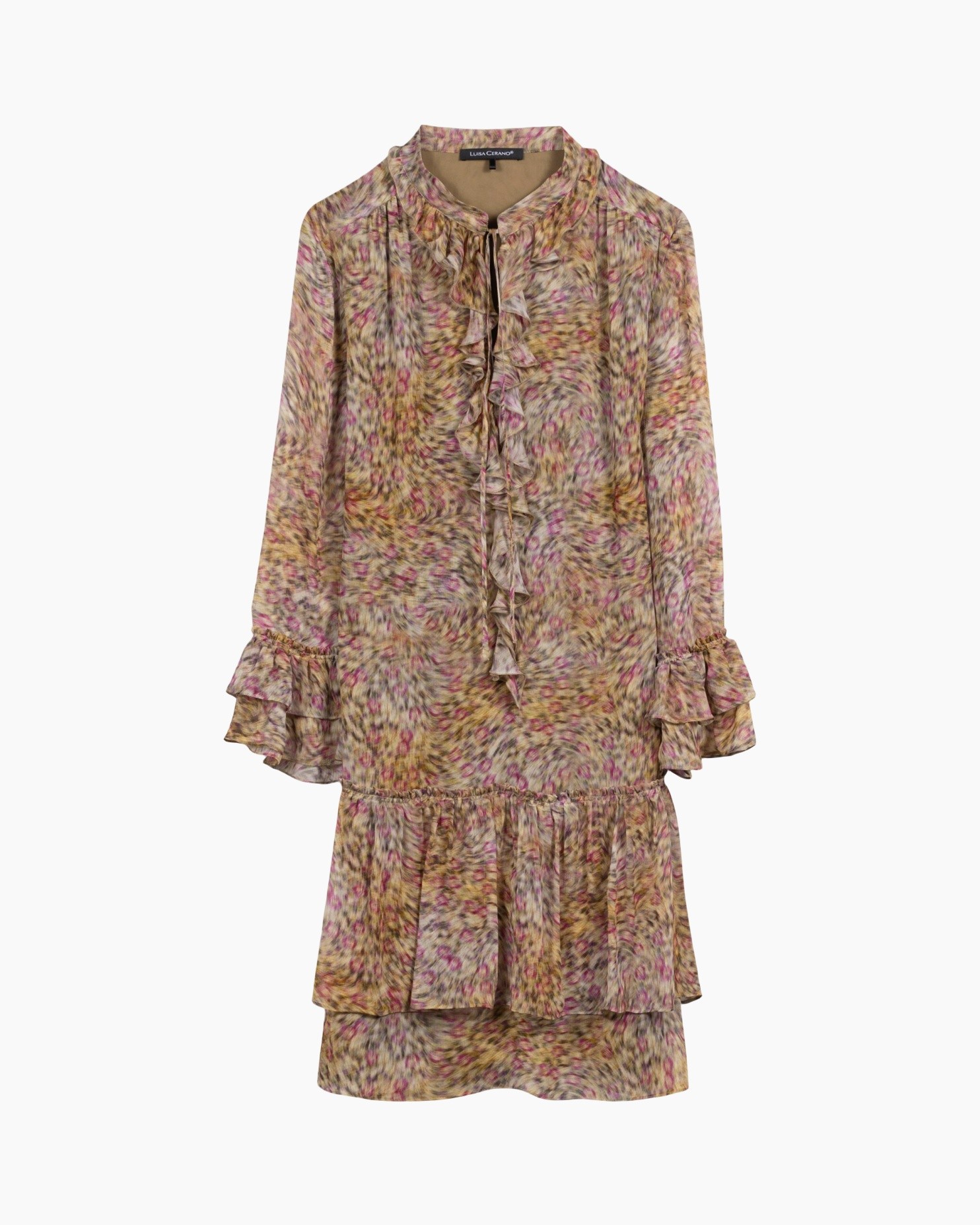 floral dress, tiered dress, ruffle sleeves, long sleeves, multicolor