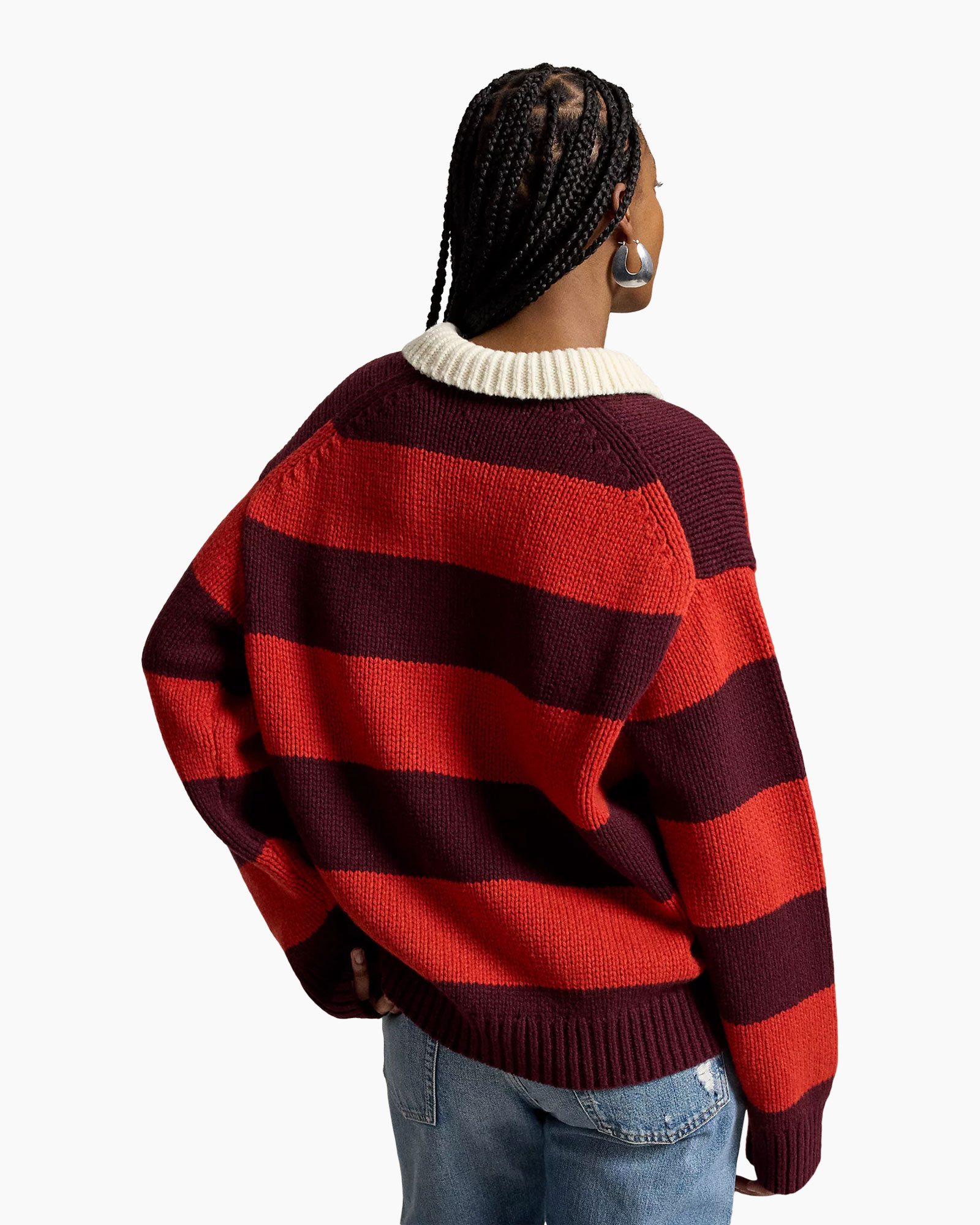 striped sweater, pullover, knit, collar, logo