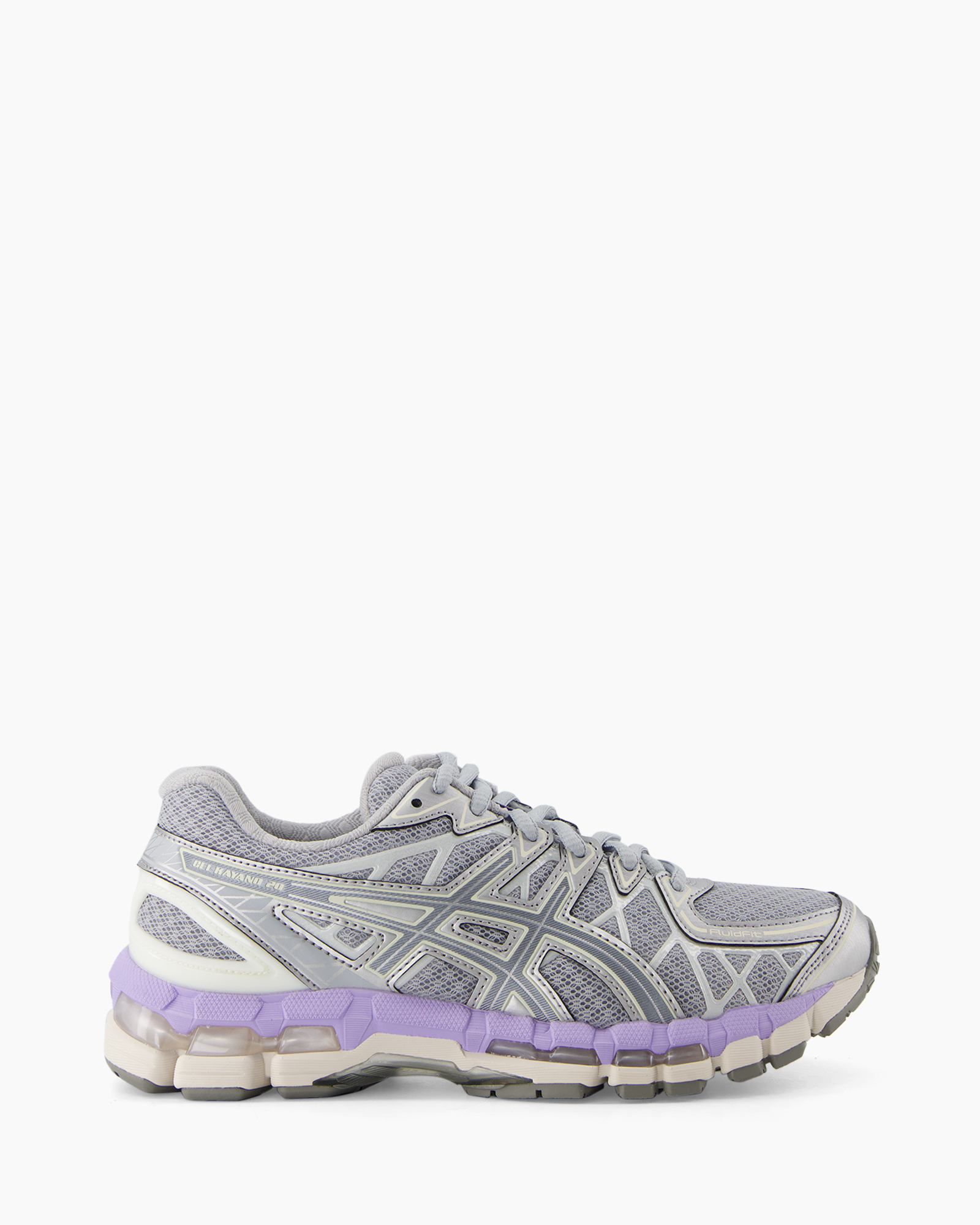 running shoe, mesh upper, foam midsole, grey purple, athletic sneaker