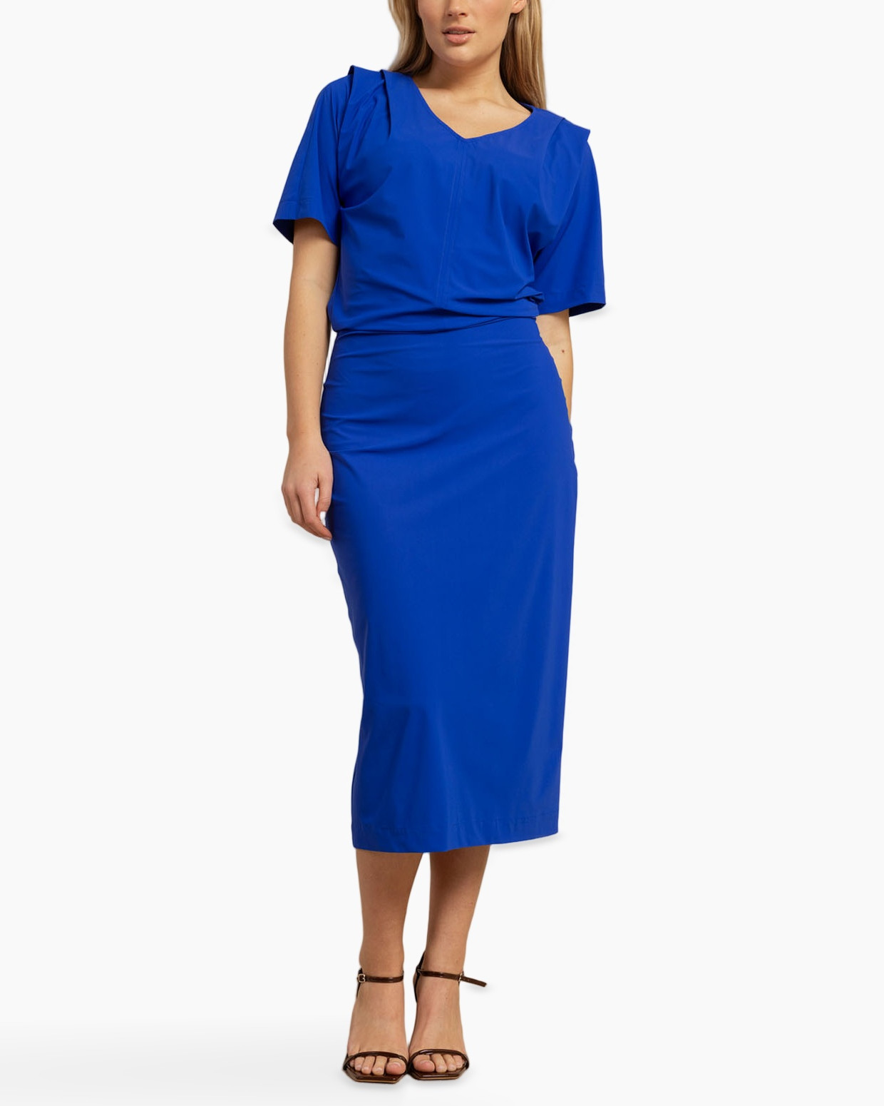 blue dress, midi dress, short sleeve, v-neck, slim fit