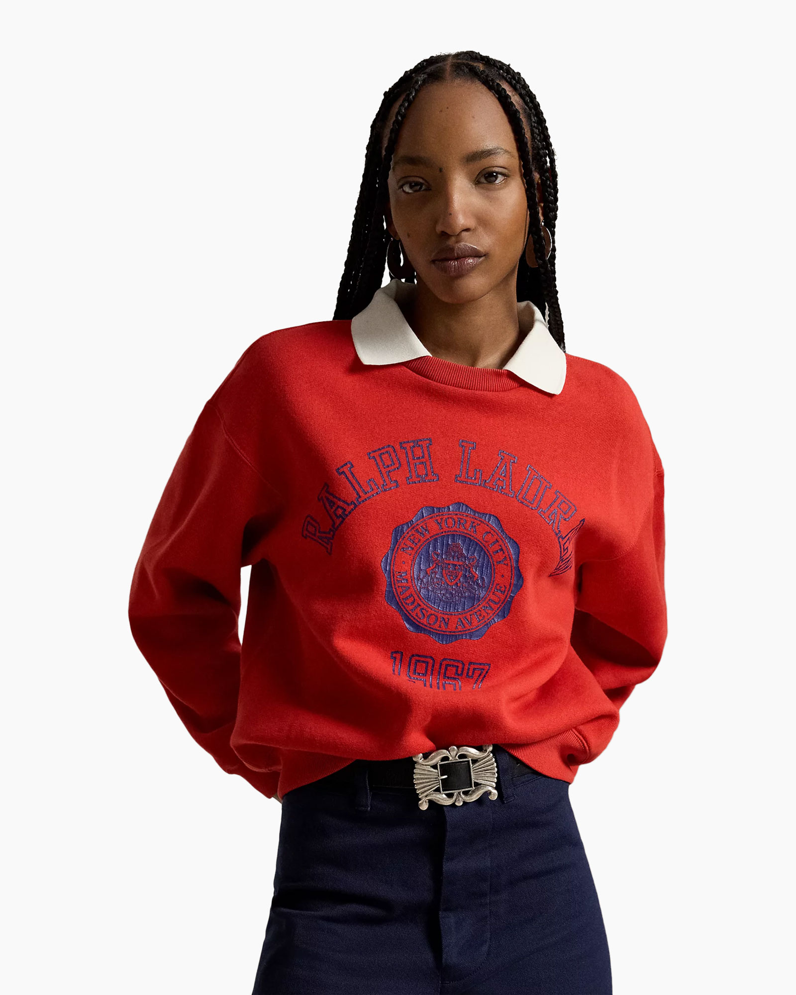sweatshirt, red, collared, graphic, contrast-collar