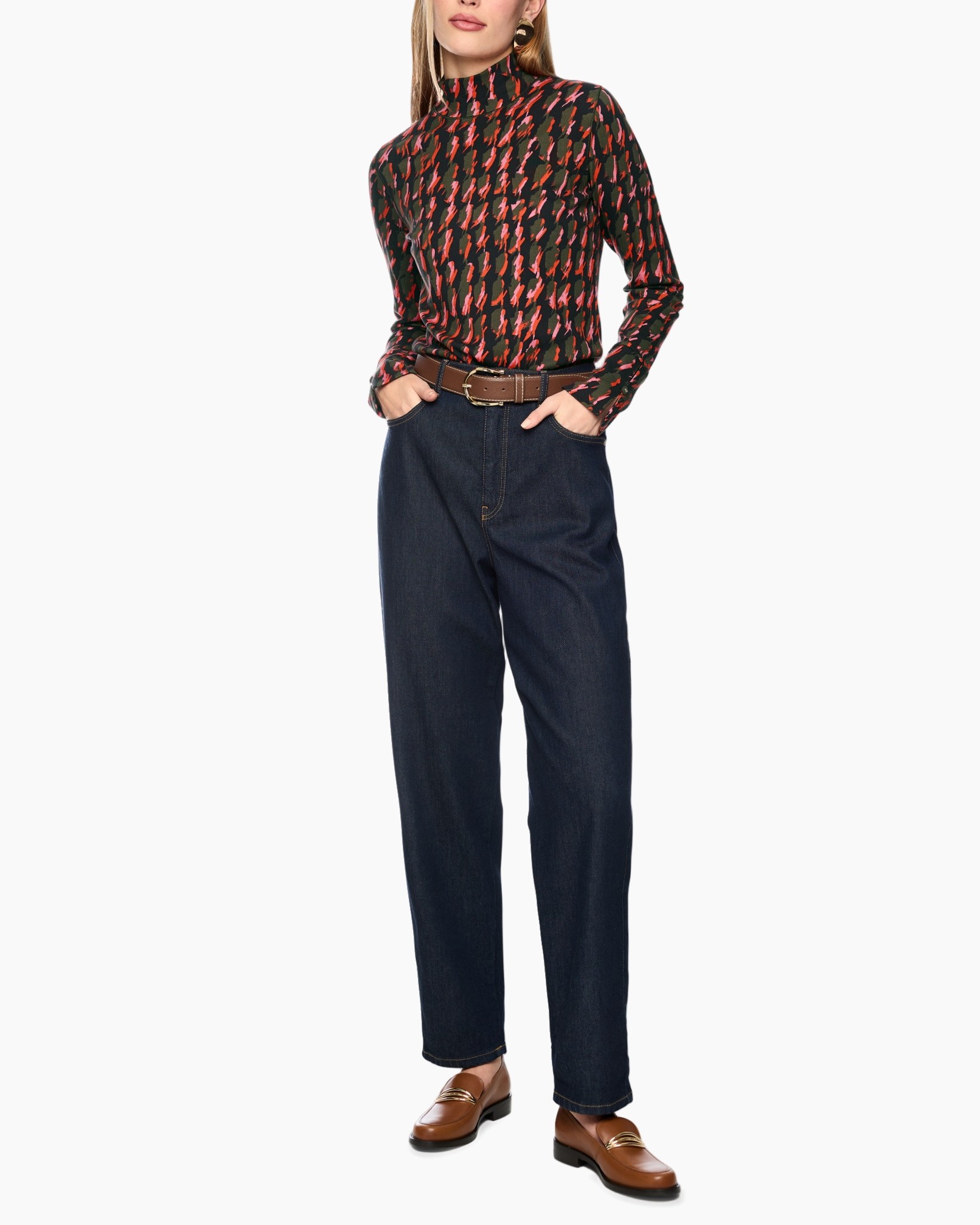 turtleneck, patterned top, long sleeves, high waist, denim pants