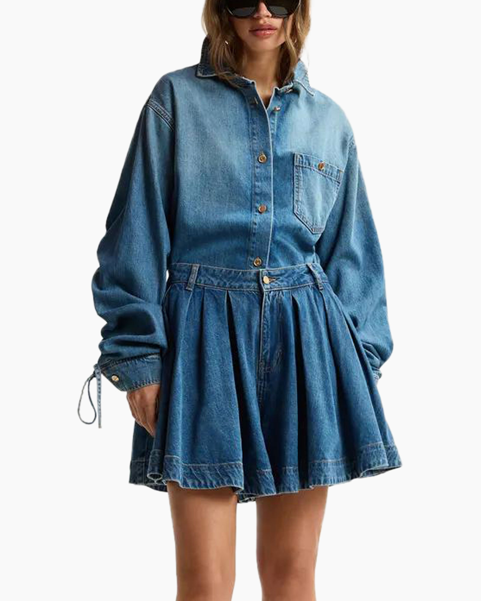 denim, shirt dress, pleated skirt, long sleeve, buttoned
