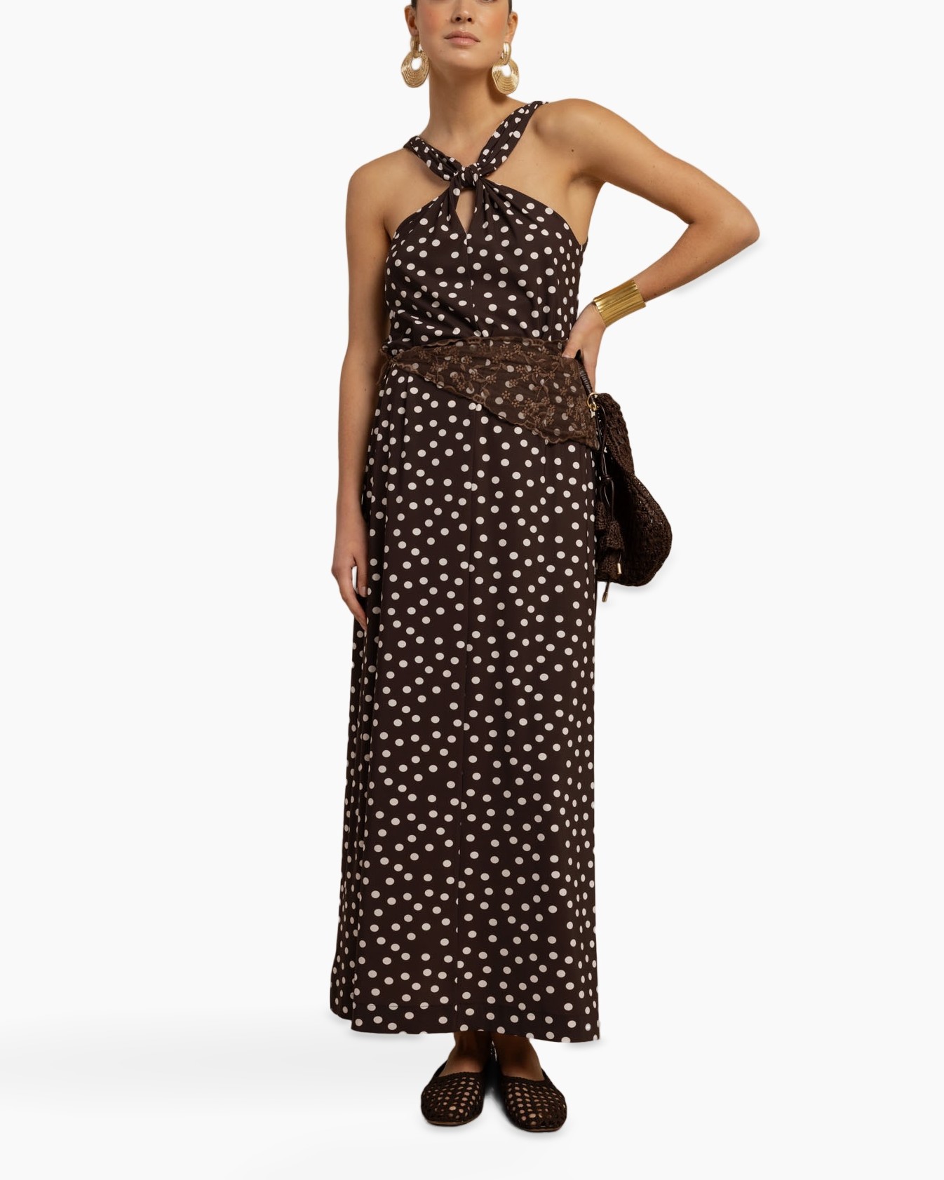 polka dot, maxi dress, halter neck, brown, lace belt