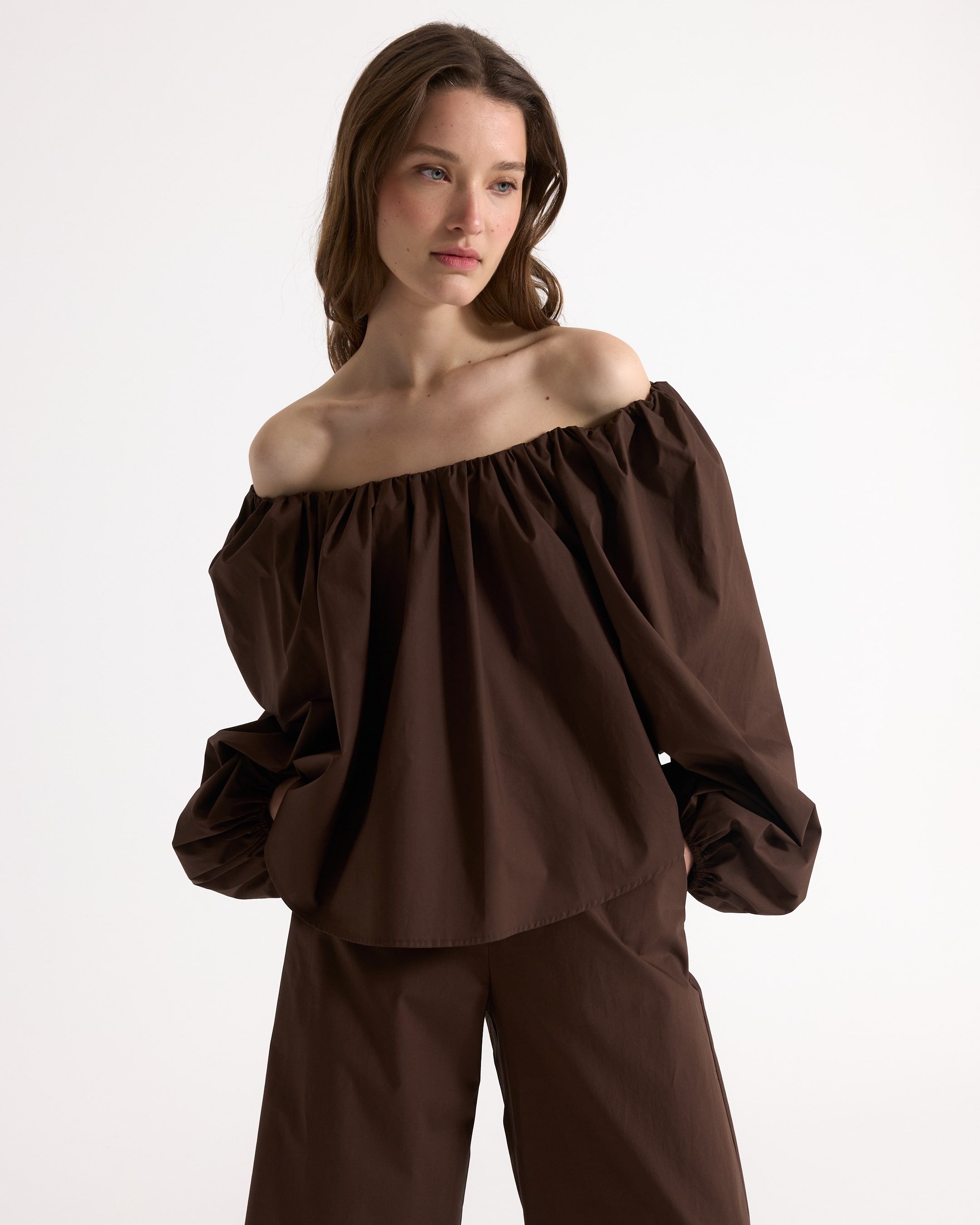 off-shoulder, loose-fit, brown, top, long-sleeve