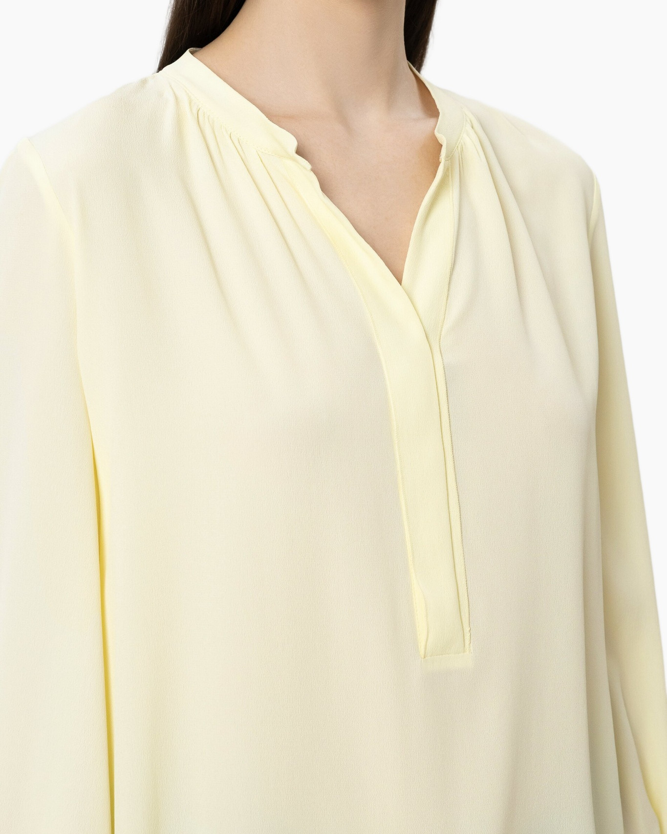 blouse, light yellow, v-neck, pleated neck, long sleeves