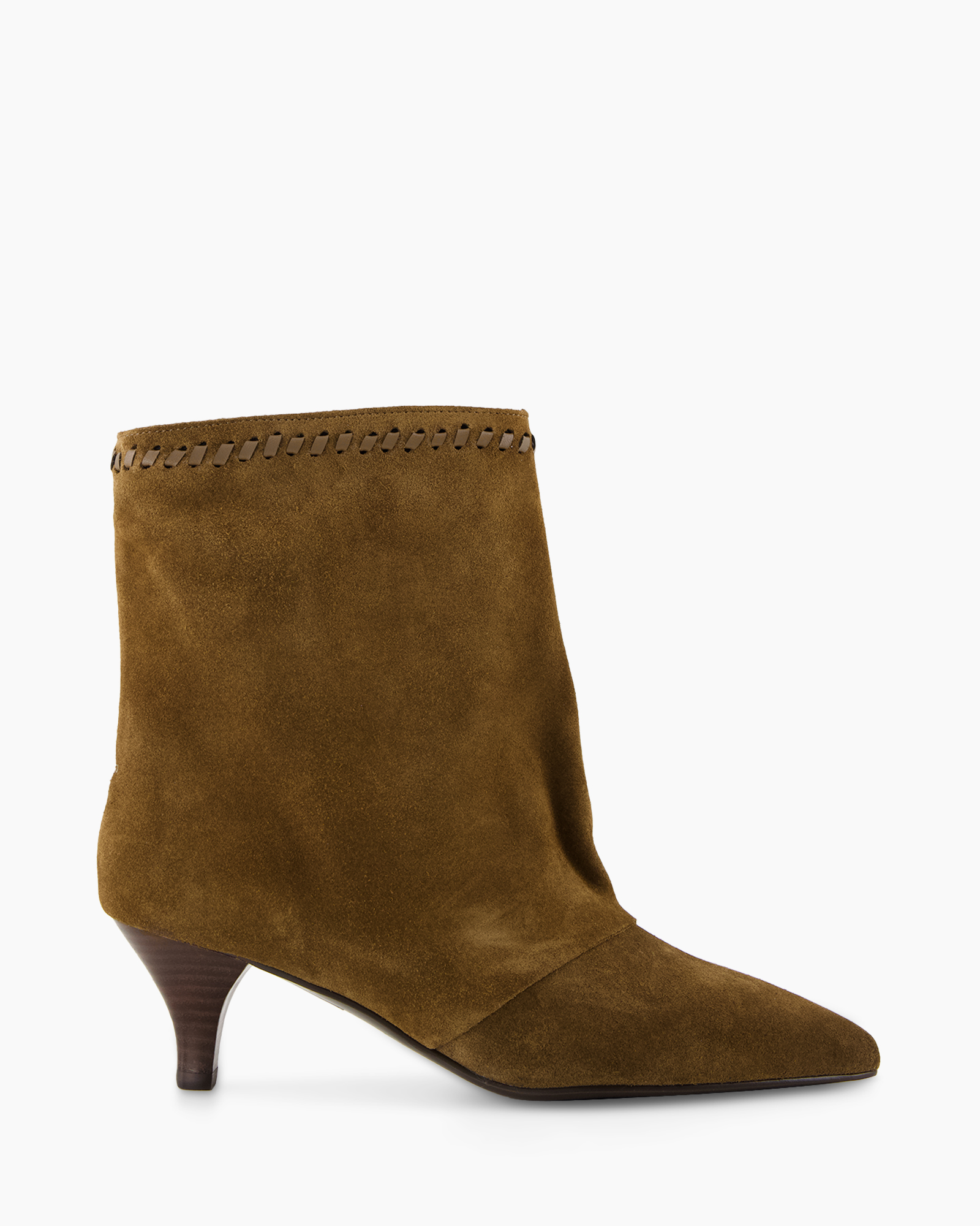 ankle boot, suede, brown, stitch trim, mid heel