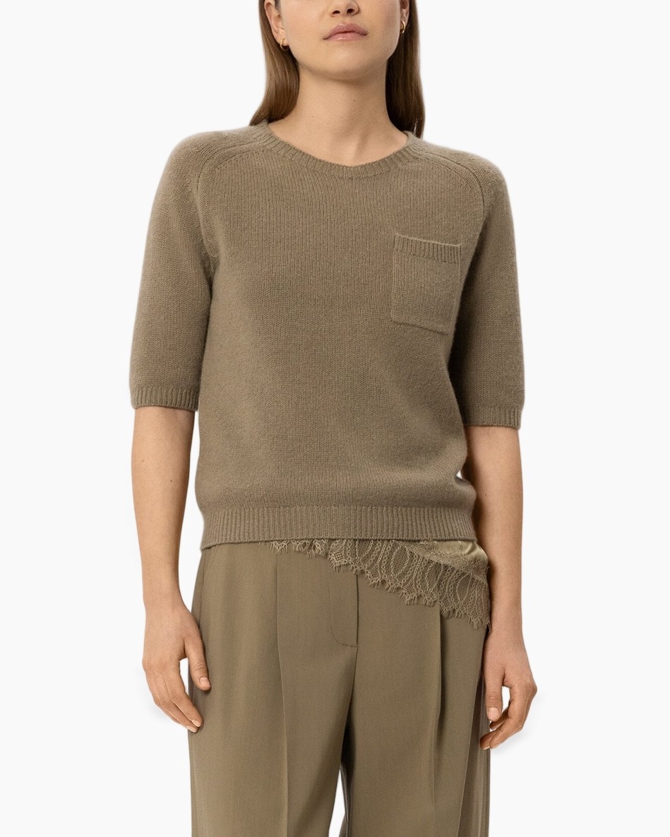 knit sweater, short sleeves, pocket sweater, beige, casual top