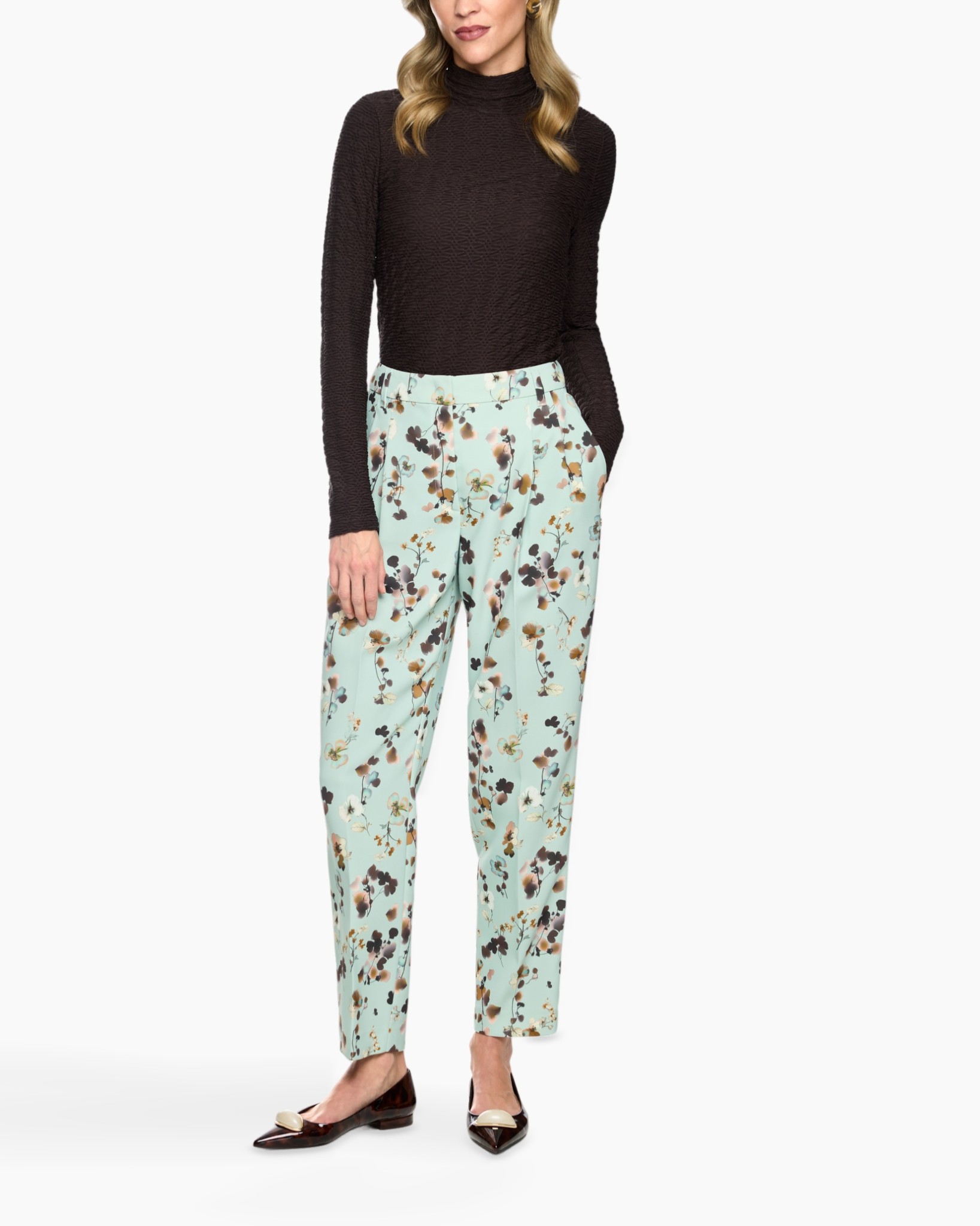 turtleneck, black, knit, pants, floral