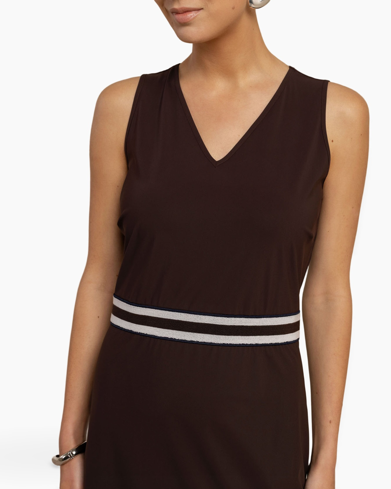 dress, mid-length, brown, sleeveless, belted-wit h-stripe