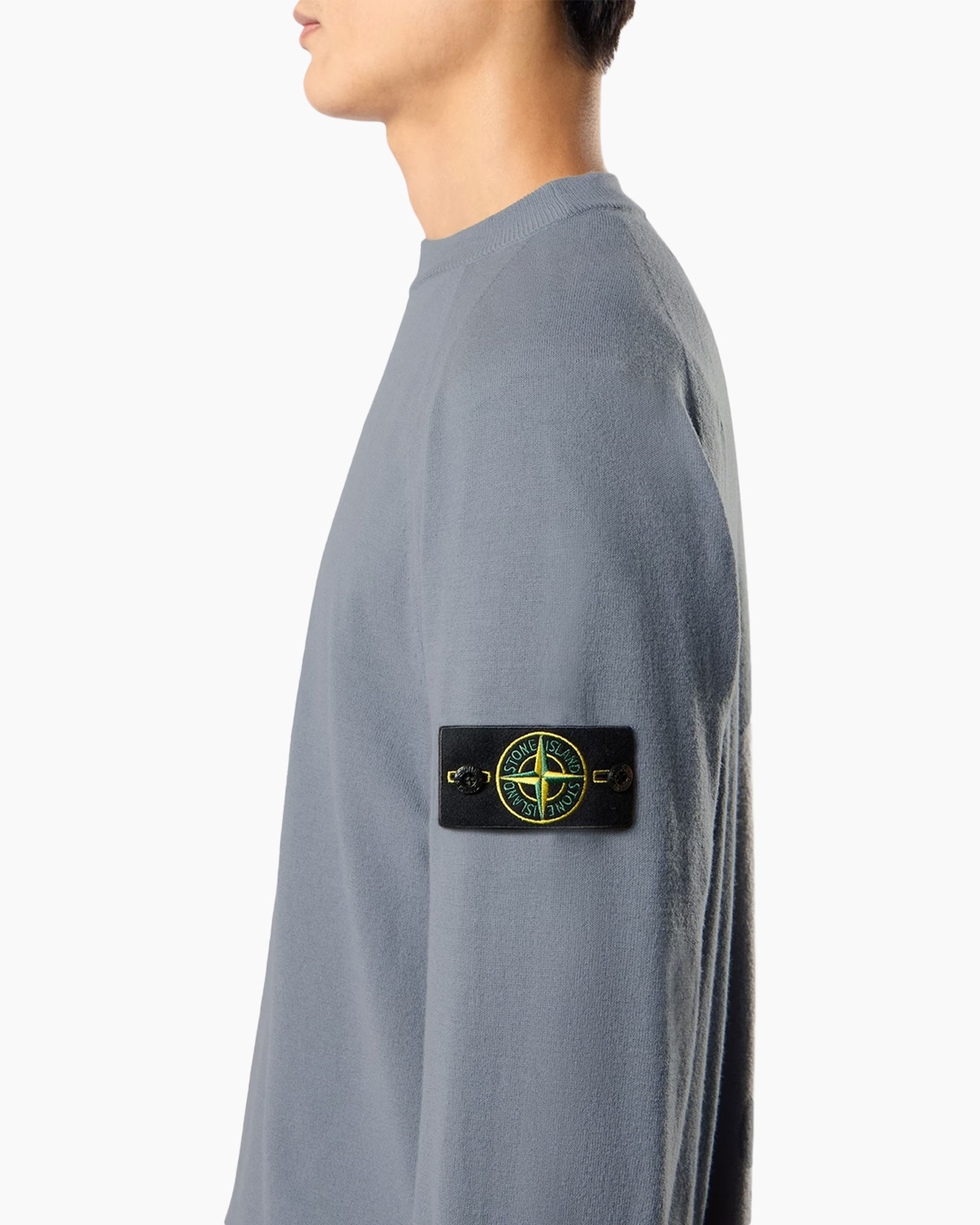 long sleeve, crew neck, gray, patch, stone island logo