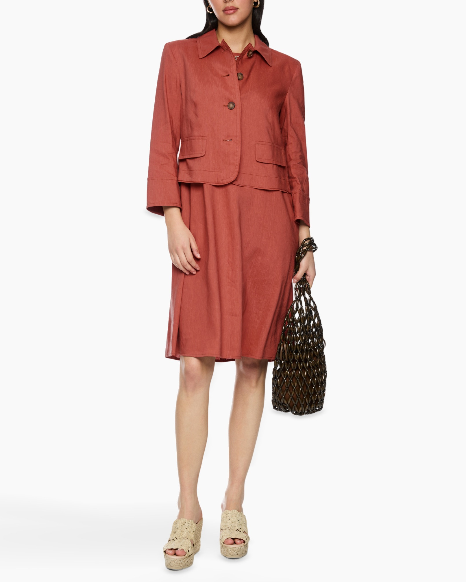 dress, jacket, rust color, knee length, woven bag