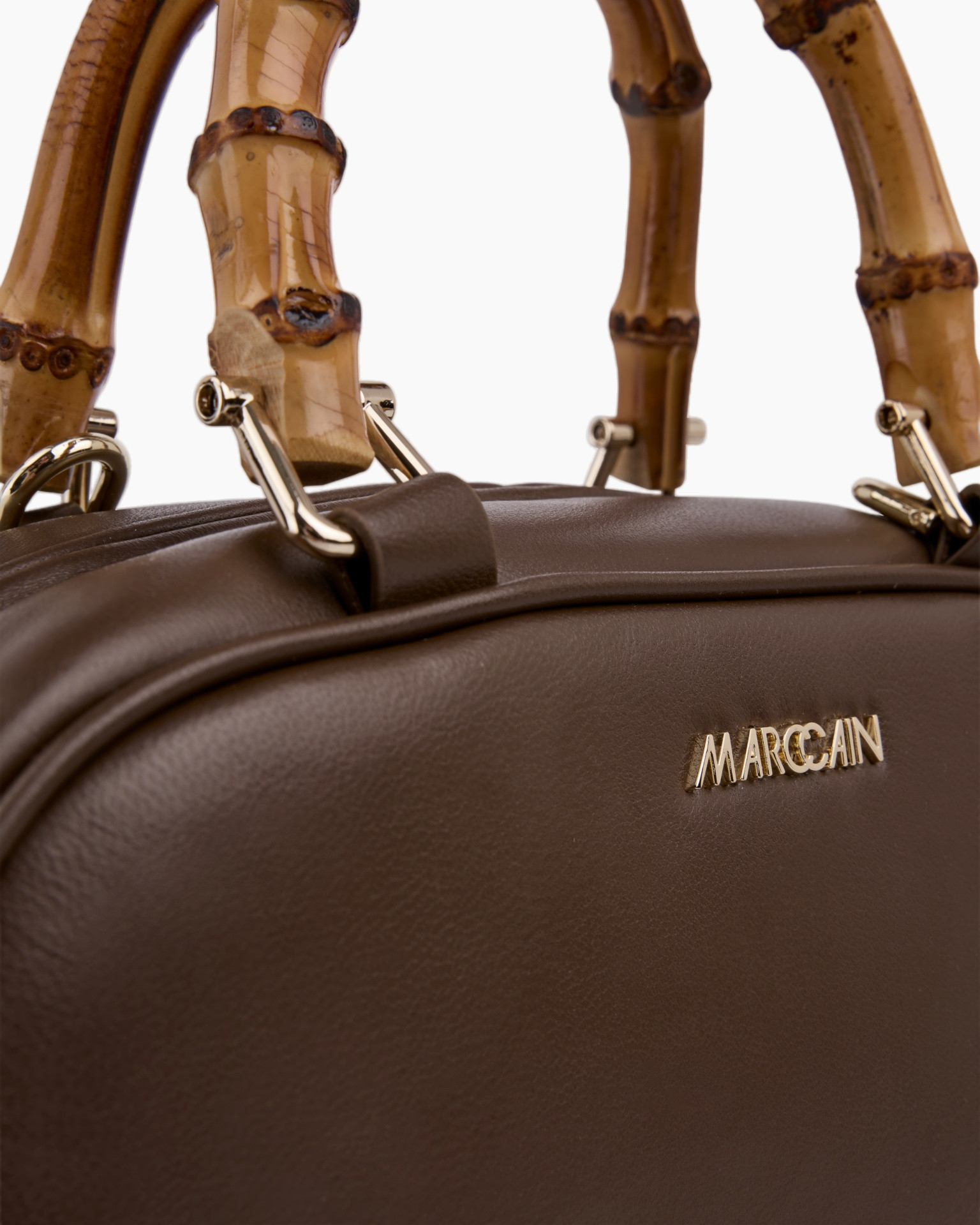 handbag, brown, leather, bamboo handle, metal logo