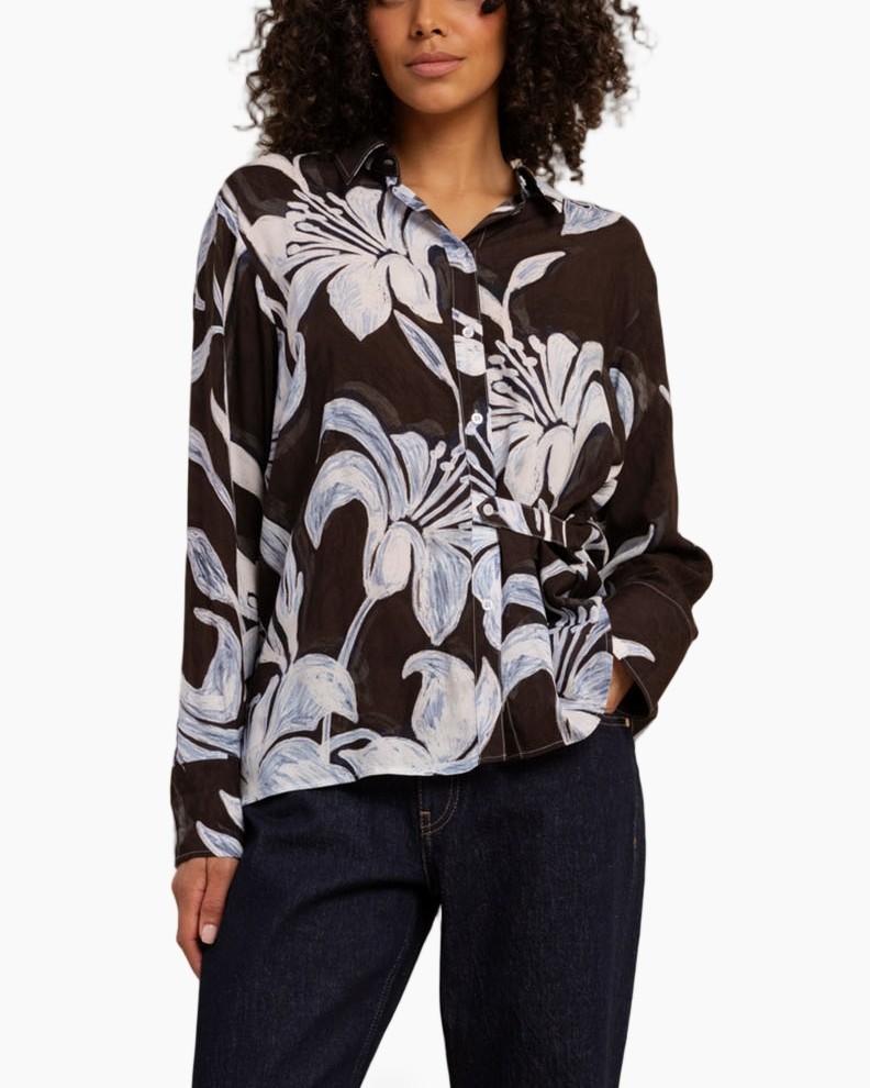 button-down, blouse, floral, long-sleeve, dark-brown