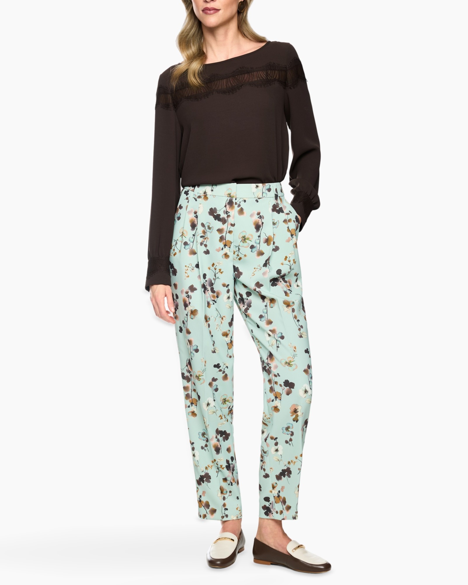 tops, long-sleeve, brown, lace details, pants, floral pattern, mint green, ankle length, loafers