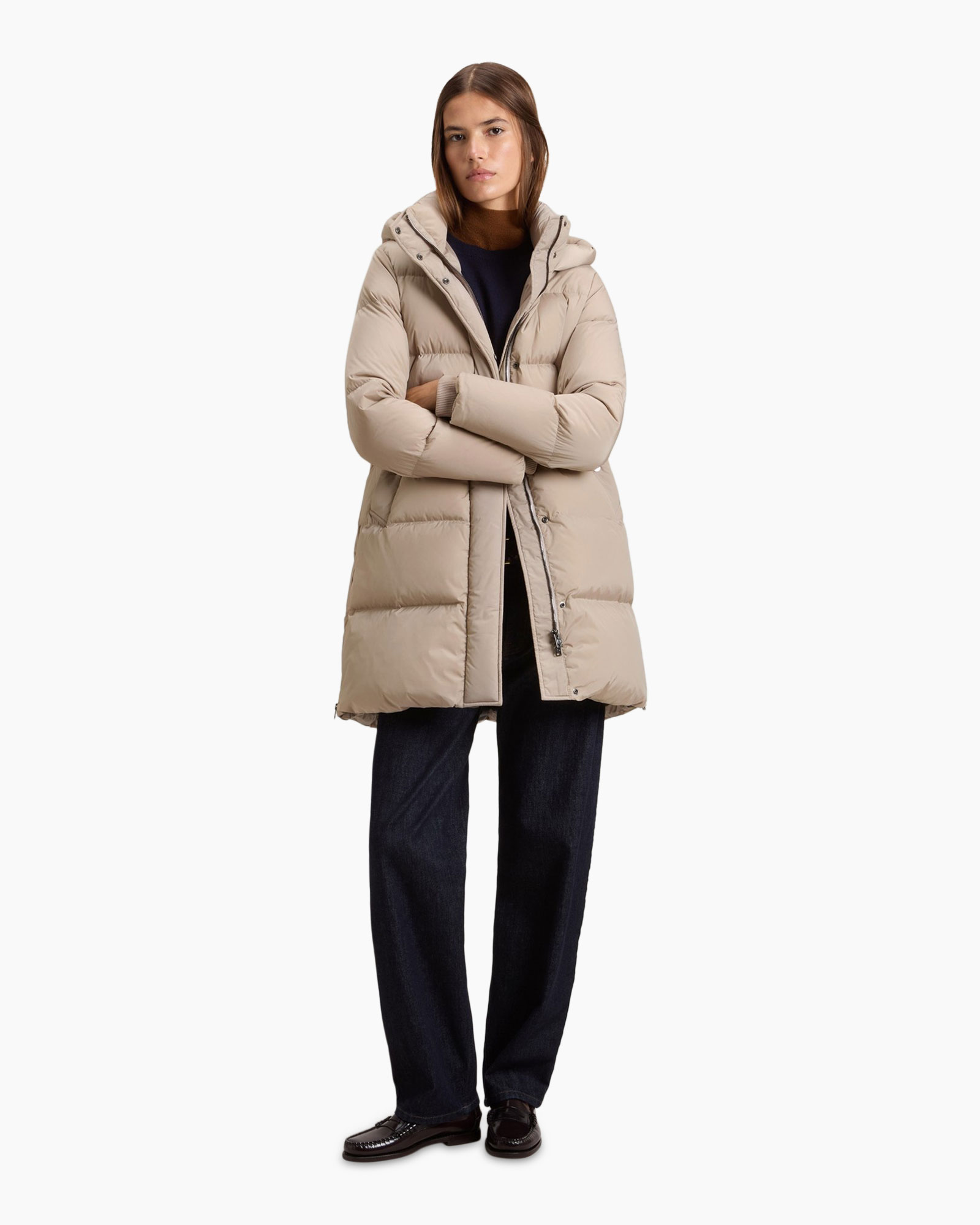 puffer jacket, beige, long length, hooded, zipper