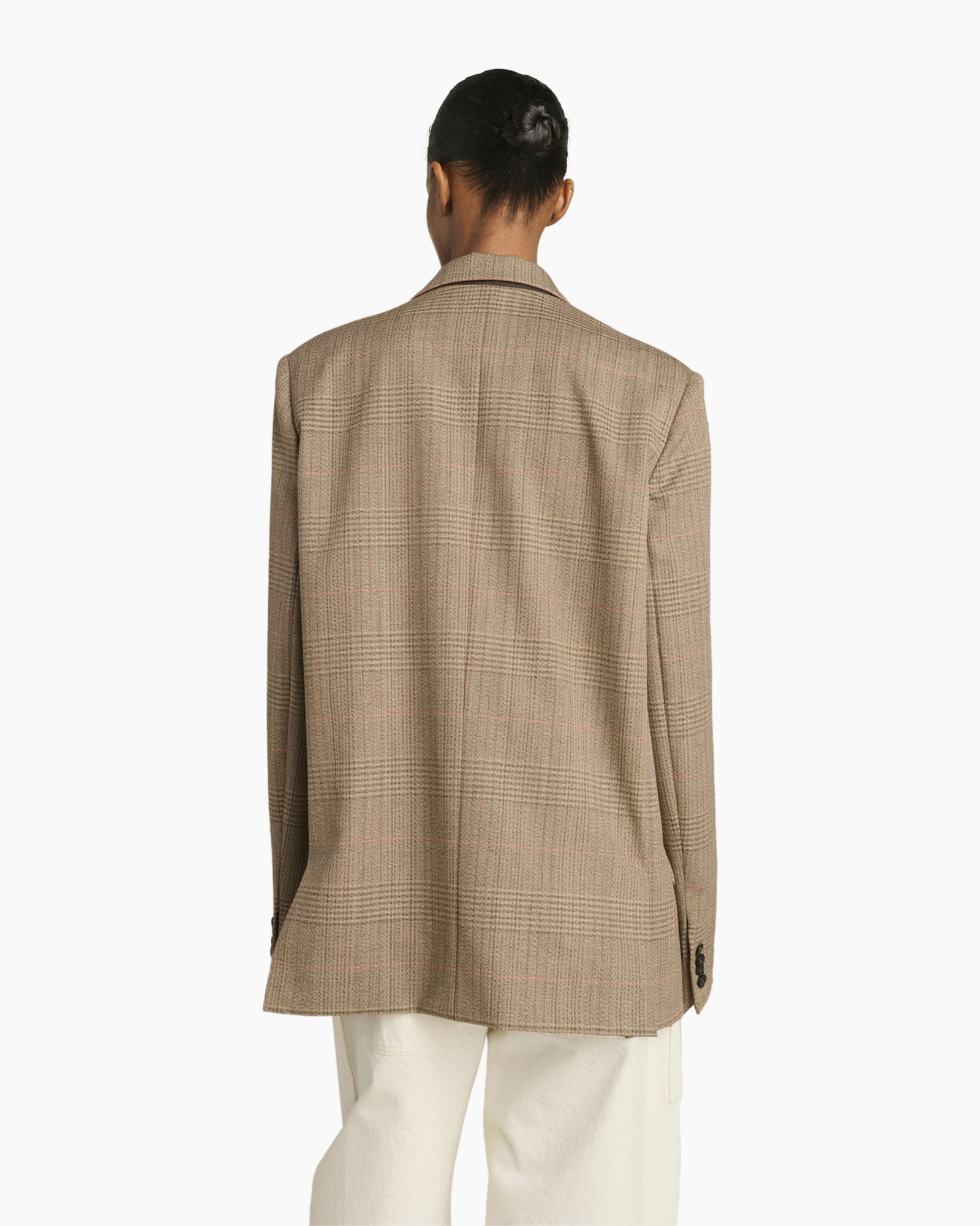 blazer, plaid, woman, round-neck top, beige