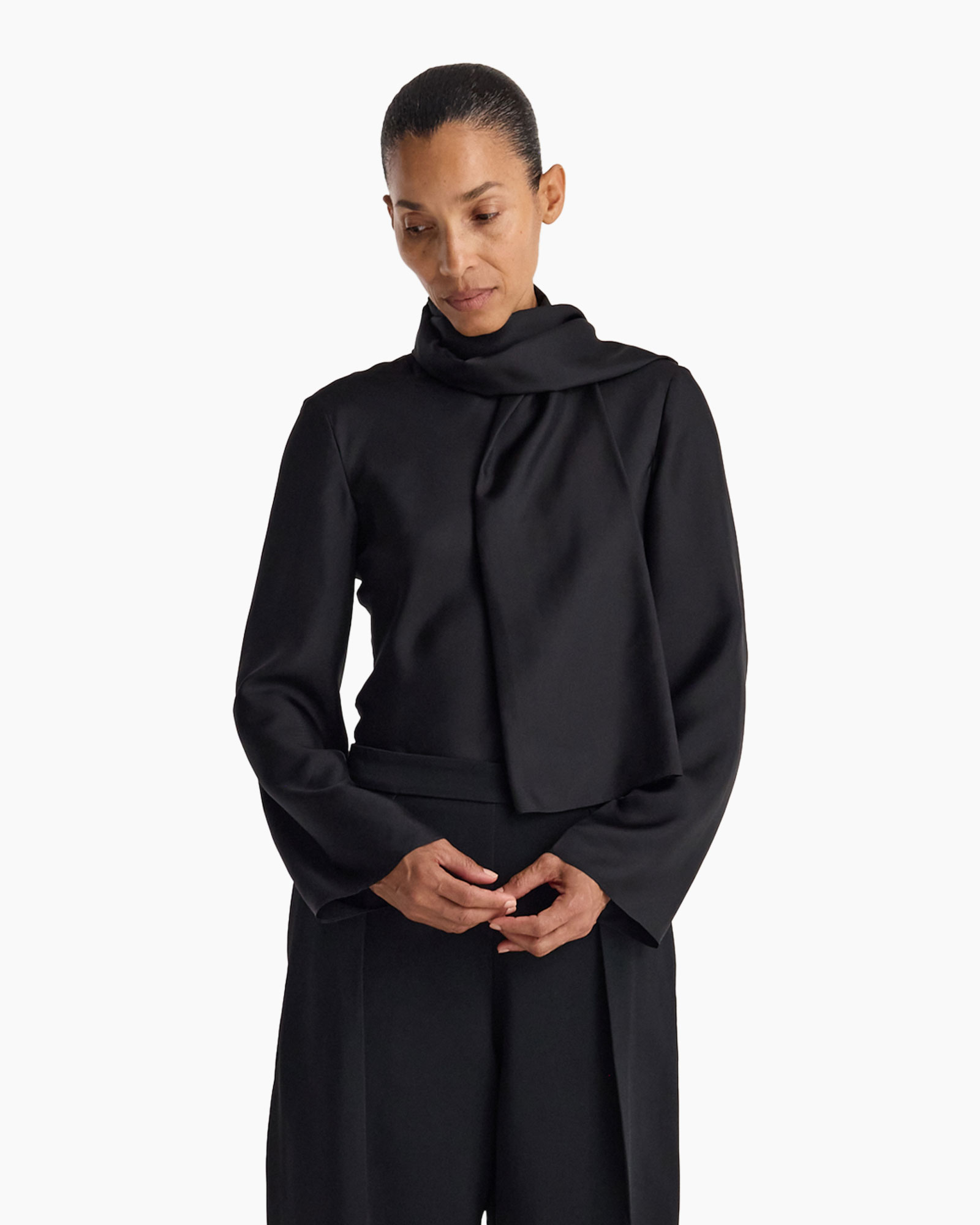 black top, turtleneck scarf, long sleeves, blurred belt, monochrome outfit