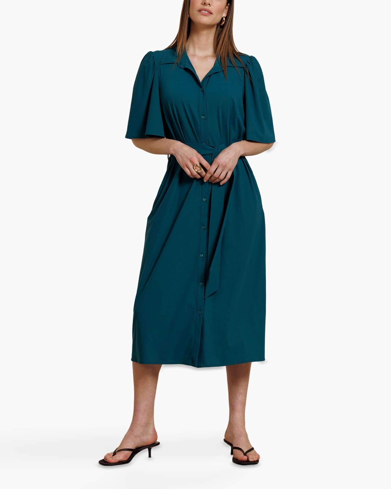 dress, teal, mid-length, button-down, short sleeves