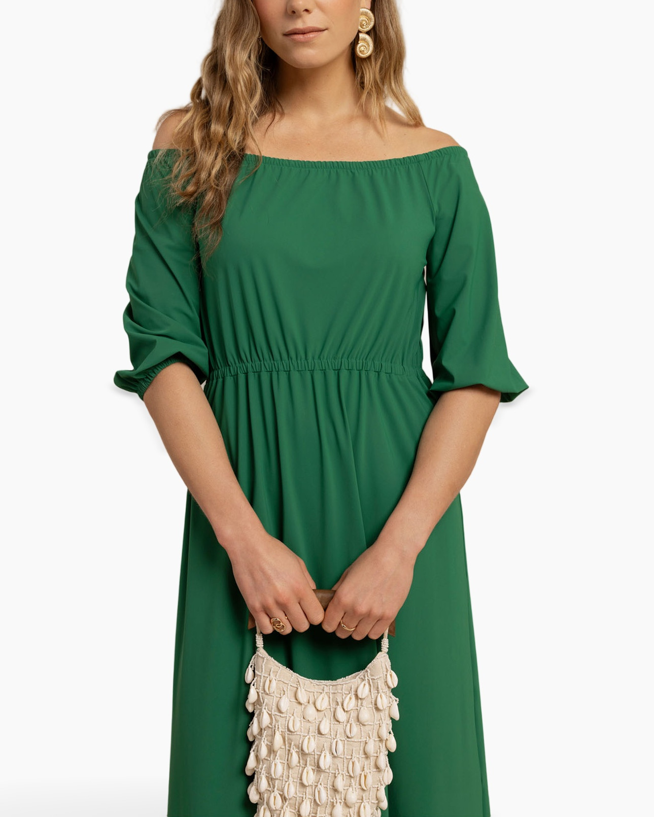 dress, green, off-shoulder, maxi, pockets? no
