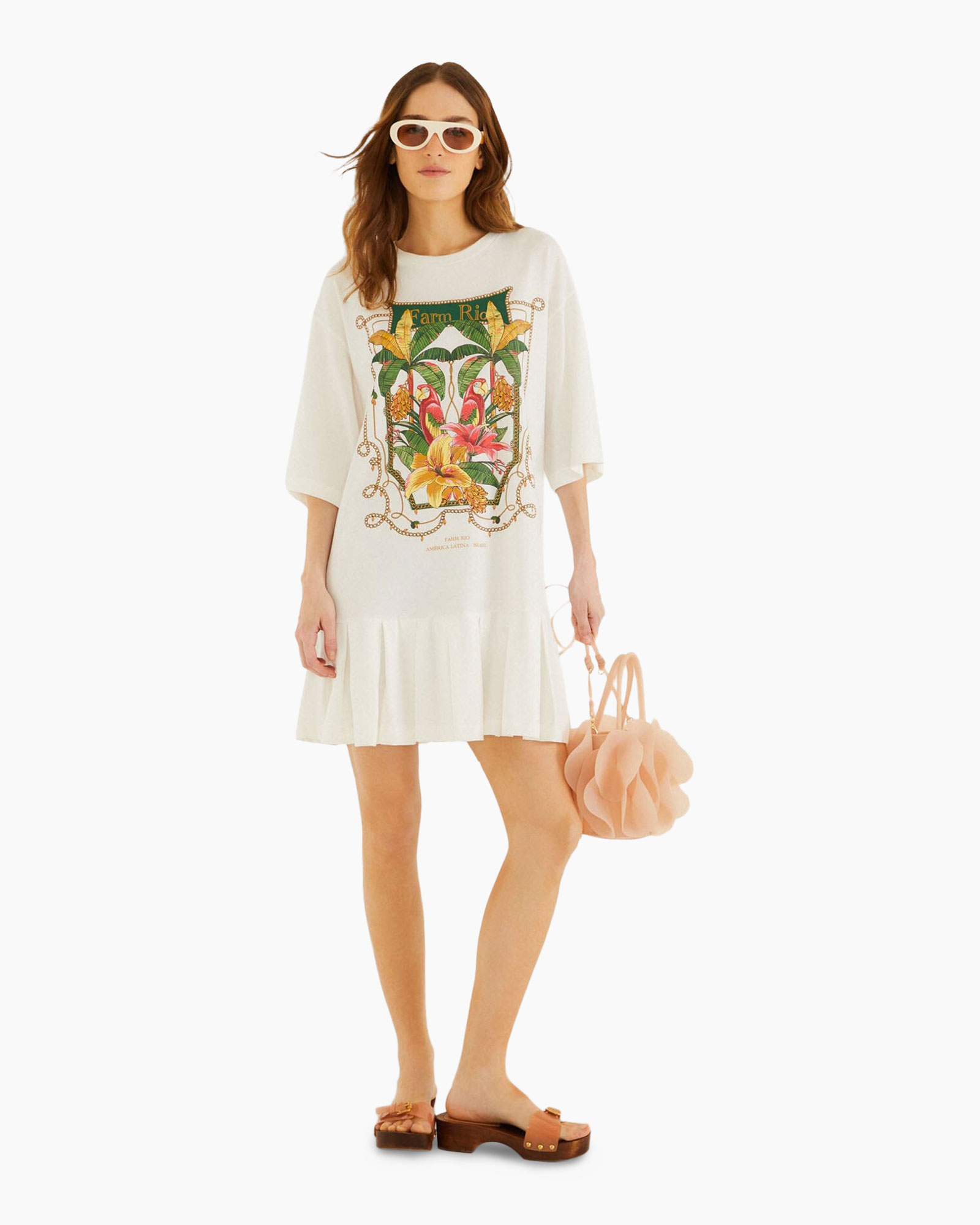 dress, tunic, graphic, floral, sandals