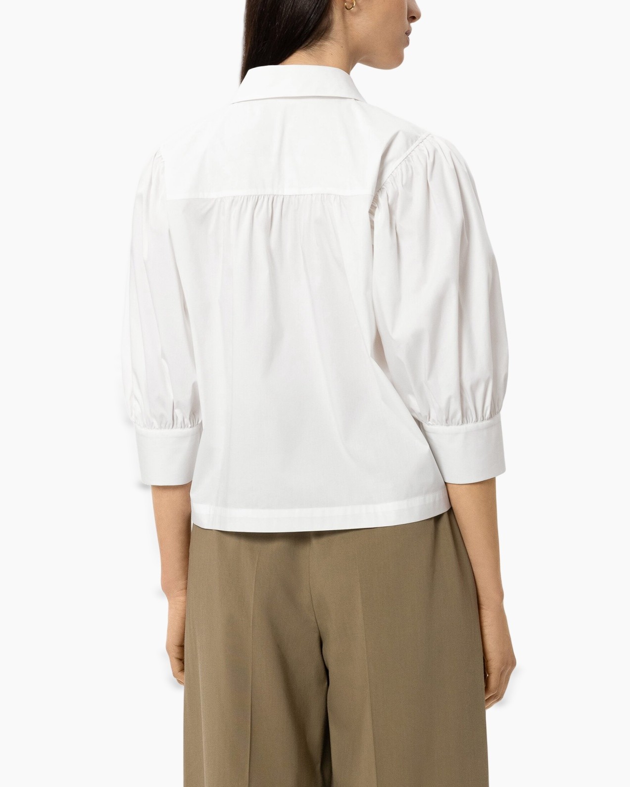 white shirt, puff sleeves, collared shirt, button-down, belted pants