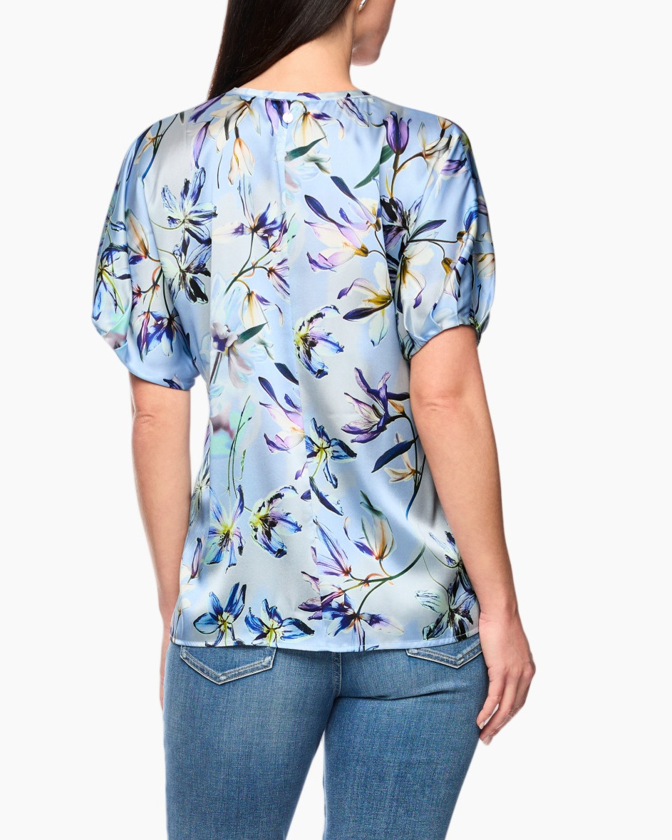 women's blouse, floral top, blue printed shirt, short sleeve, v-neck