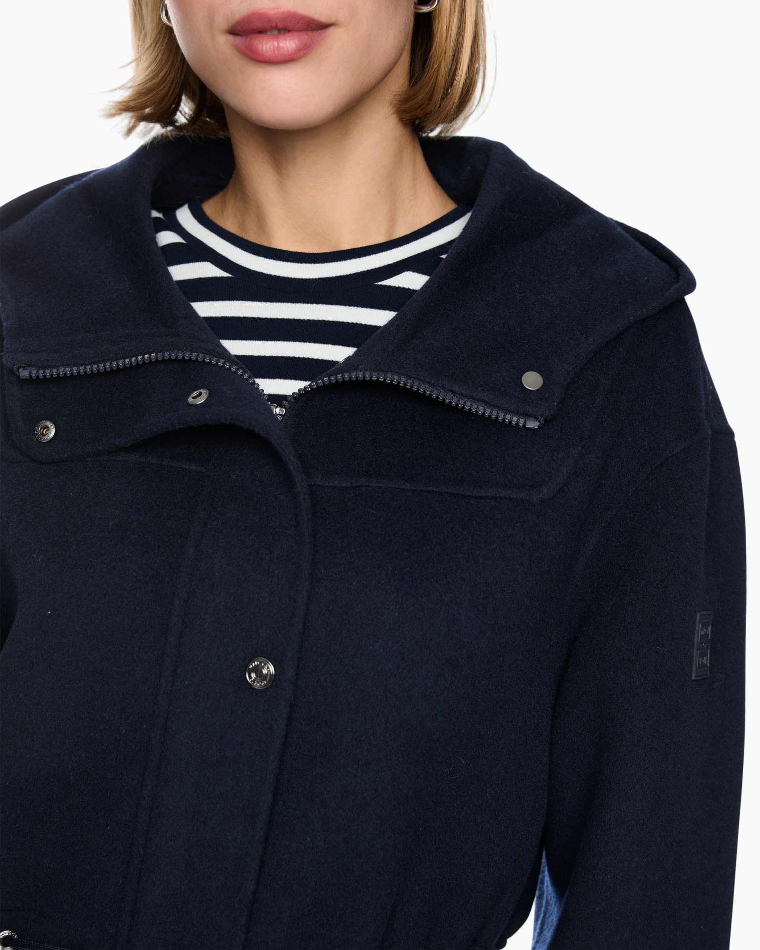 navy jacket, zipper jacket, collar, stripe top, outerwear